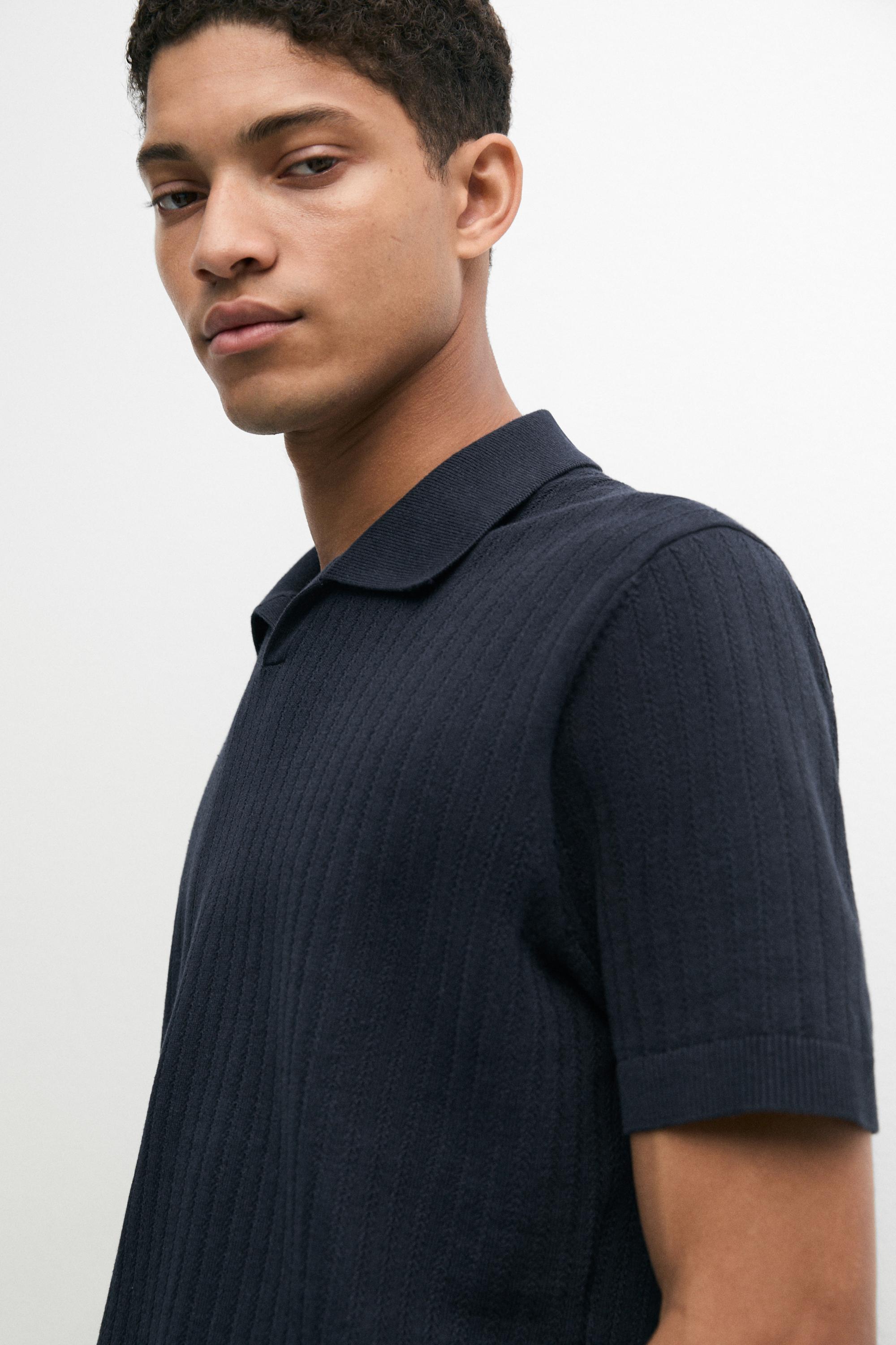Knit polo sweater with cutwork detail — NAVY BLUE