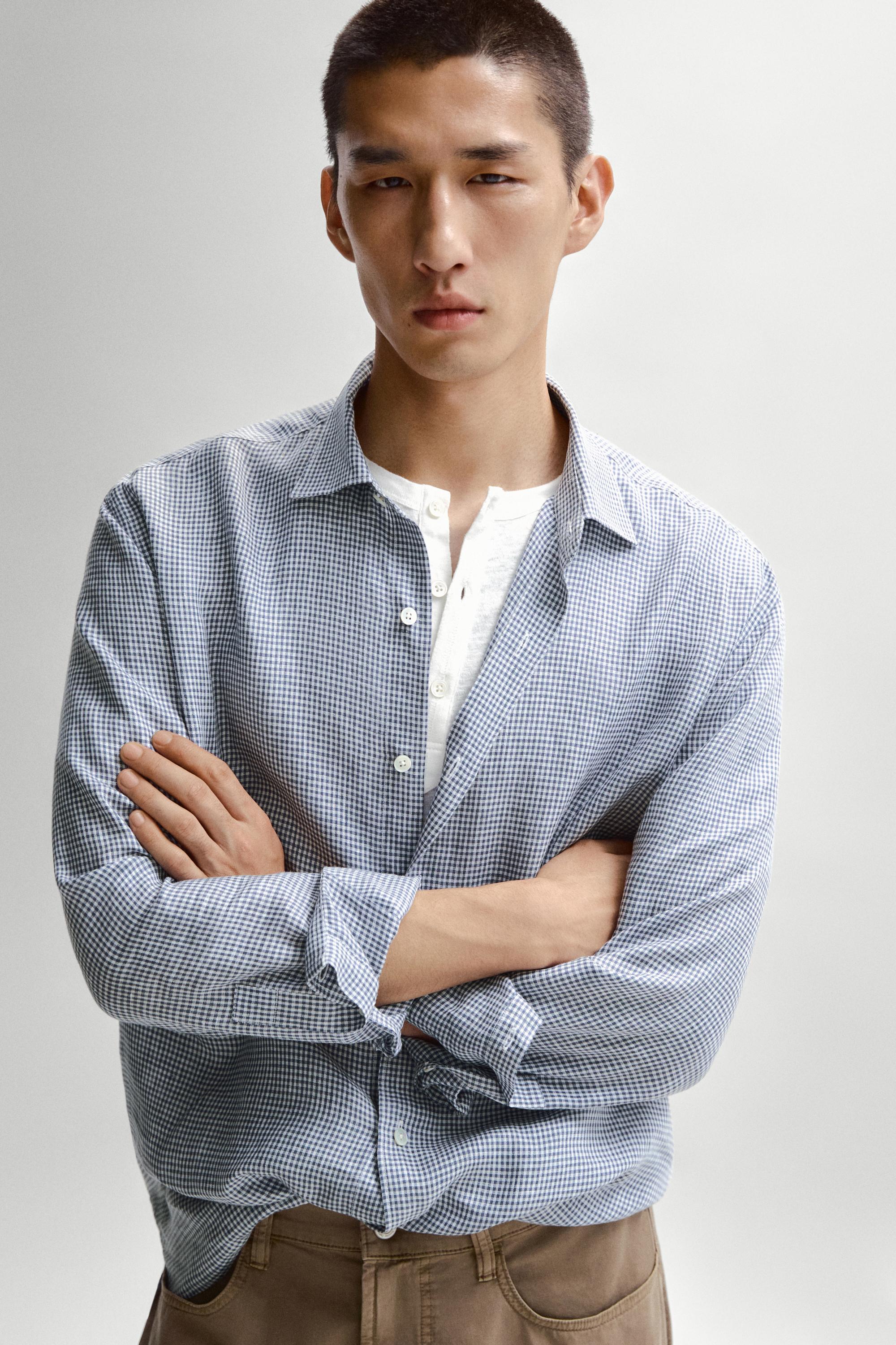 100% linen regular fit gingham shirt — NAVY BLUE