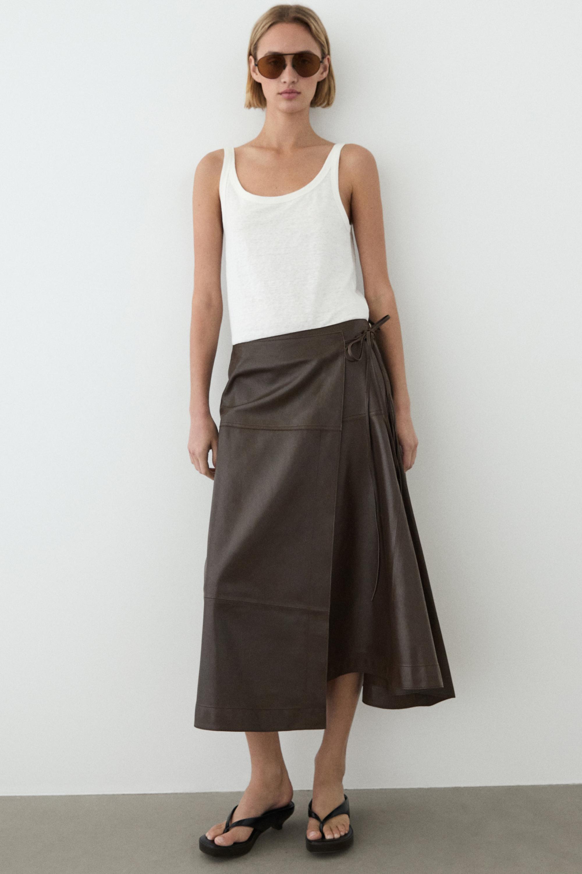 Nappa leather midi skirt with tie detail — BROWN