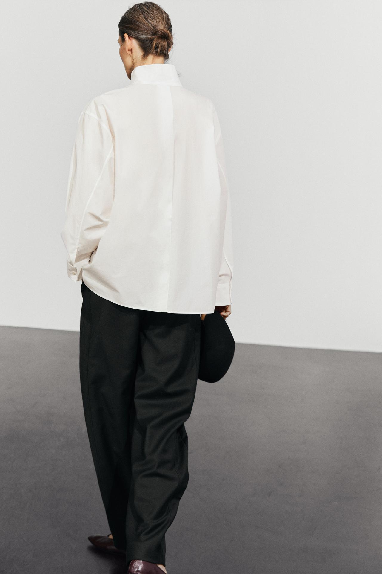 Poplin shirt with stand collar and pocket detail — WHITE