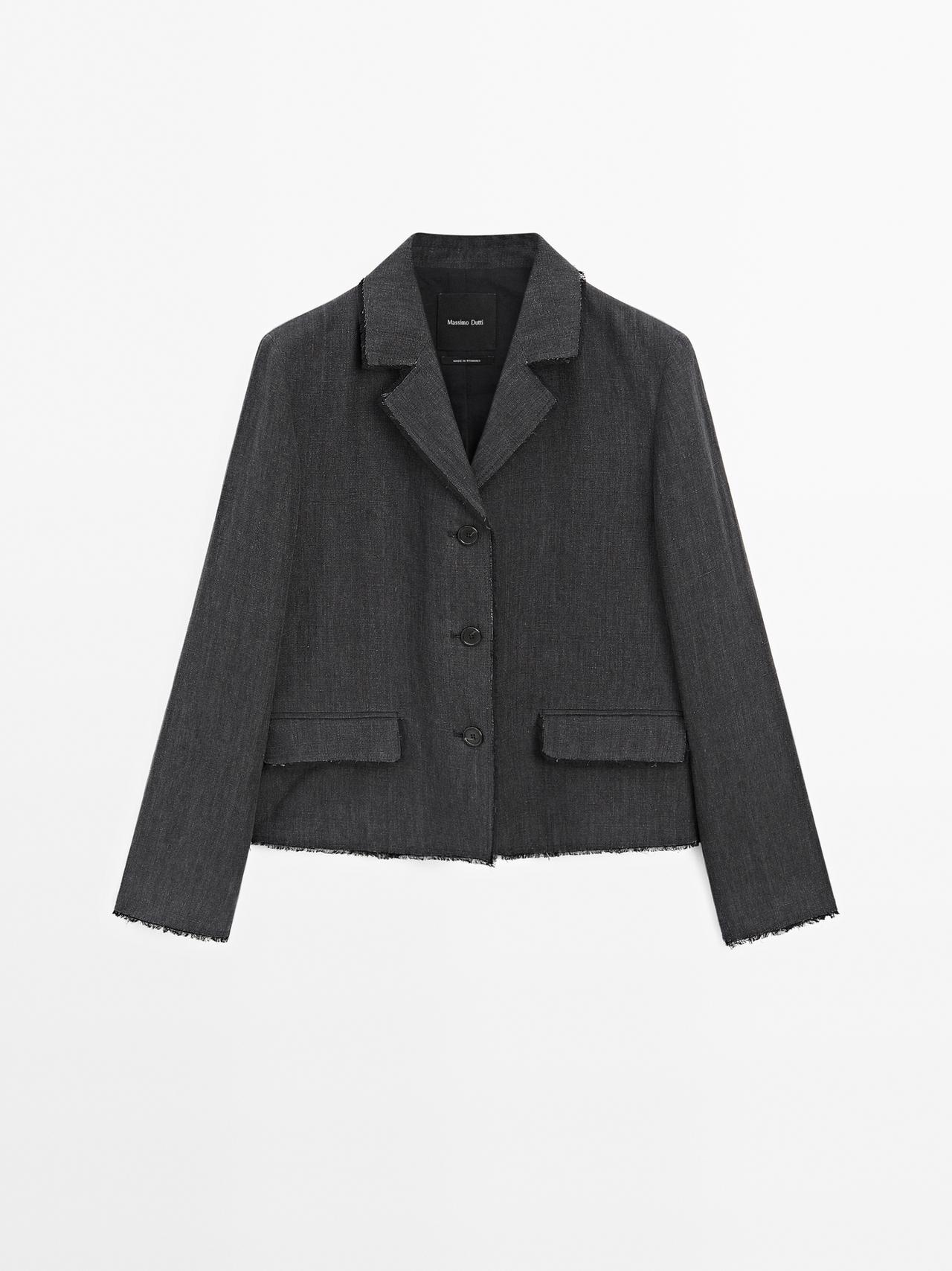 Massimo Dutti - Dame - Kort Blazer Med Frynset Detalje - Mørk Grå - 42