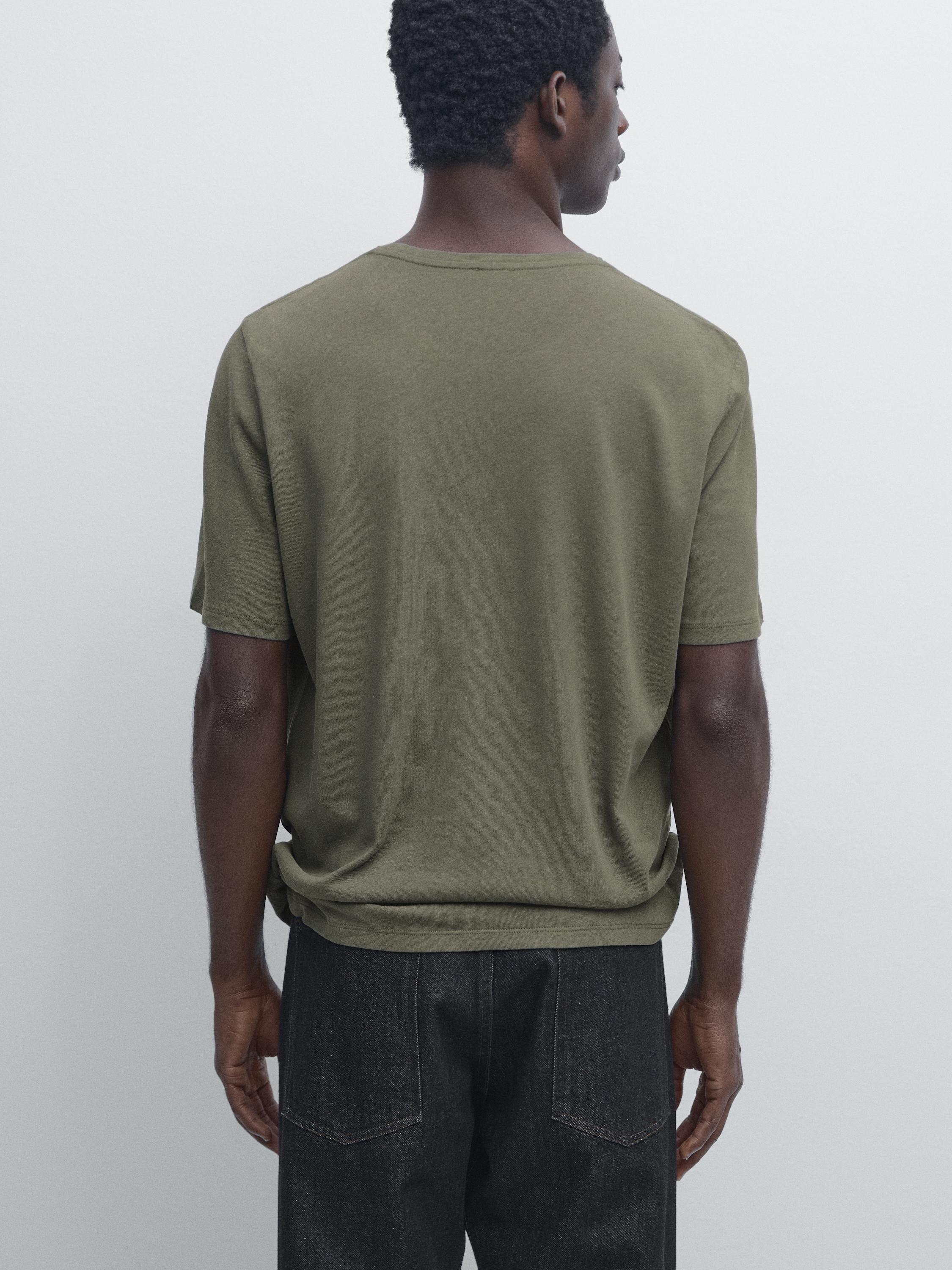 Short sleeve linen and cotton T-shirt — PALE KHAKI