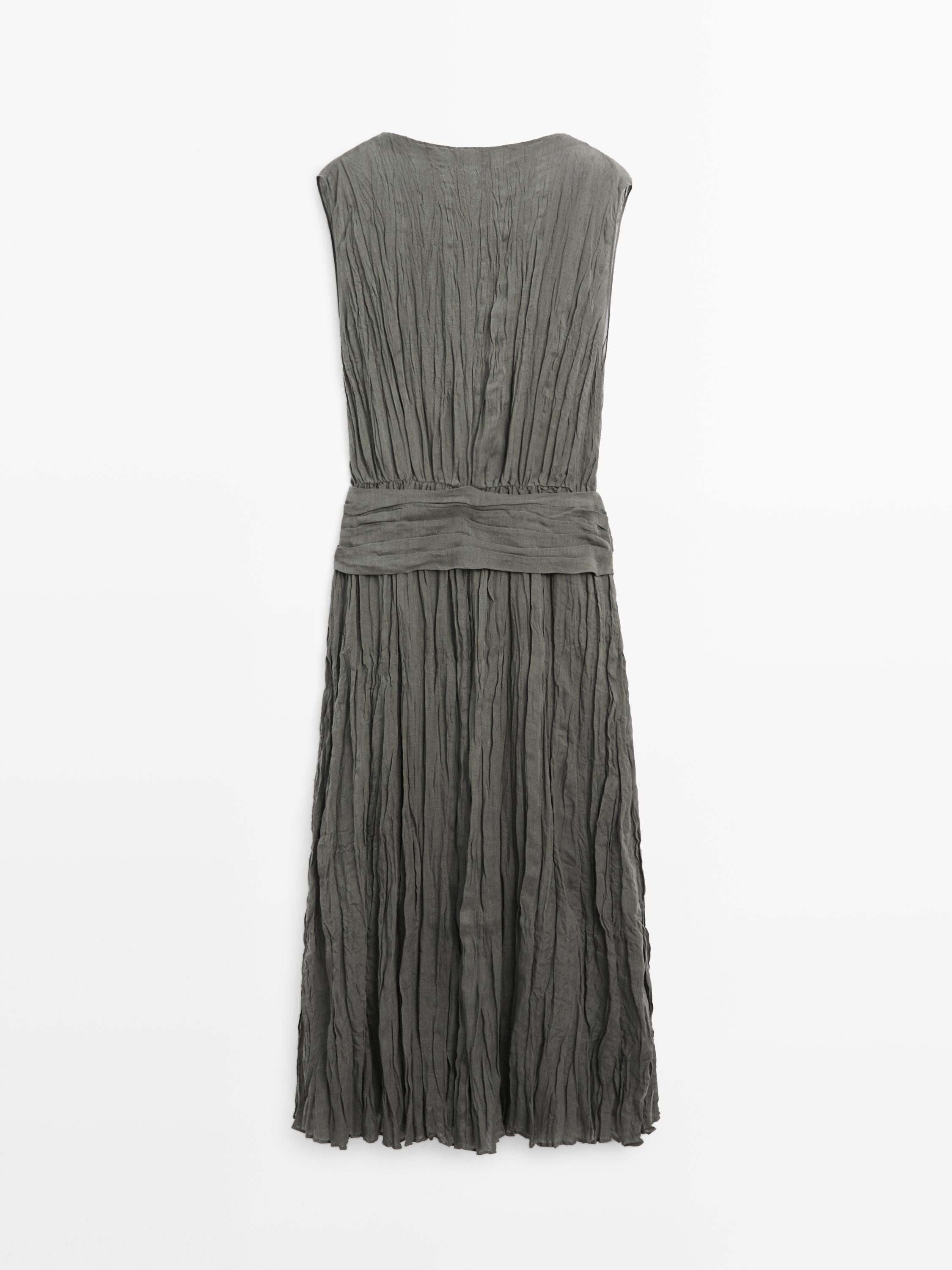 Textured flowing fabric dress with sash belt — GREY