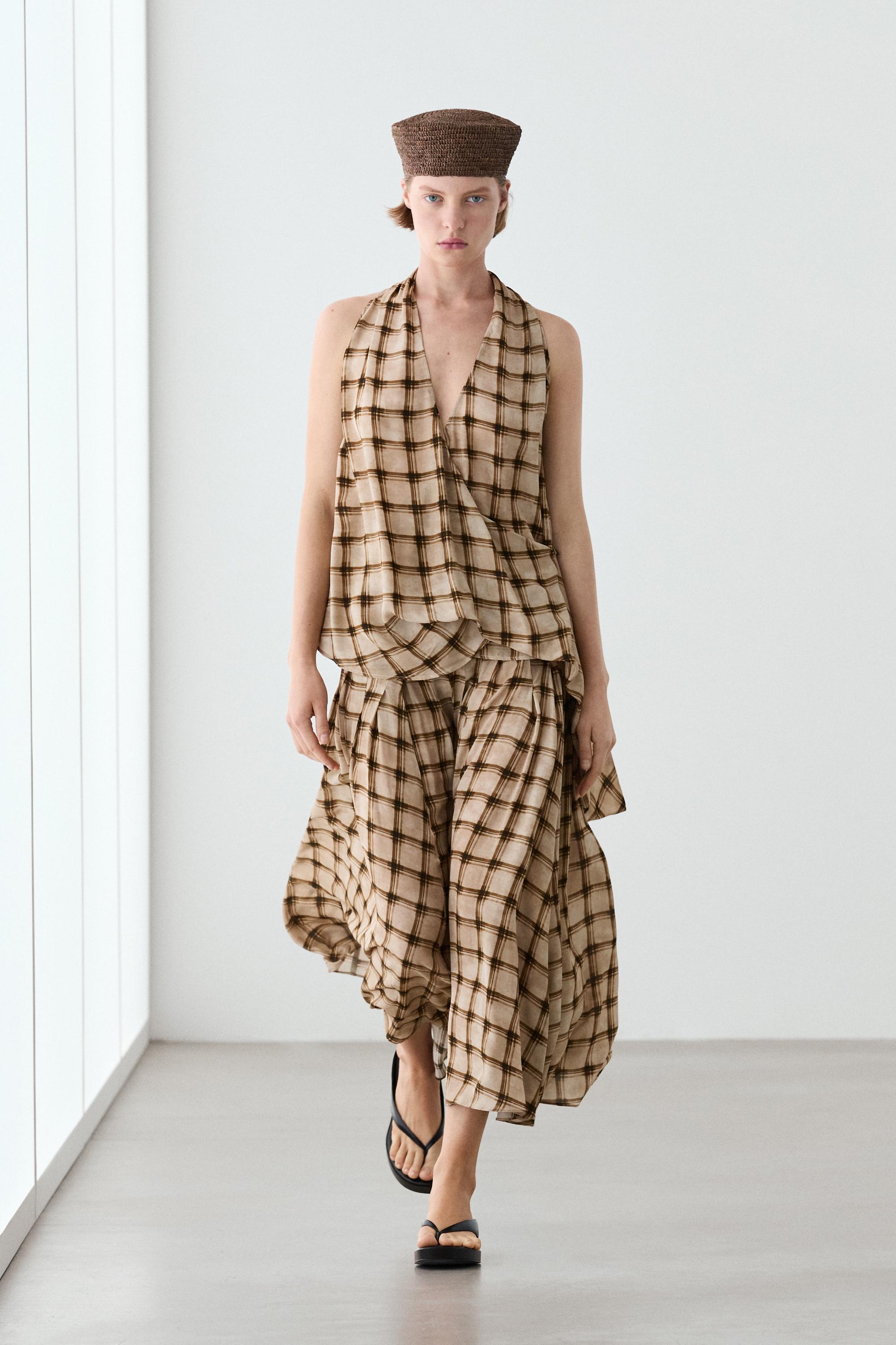 Flowing check midi skirt co-ord — PALE MINK
