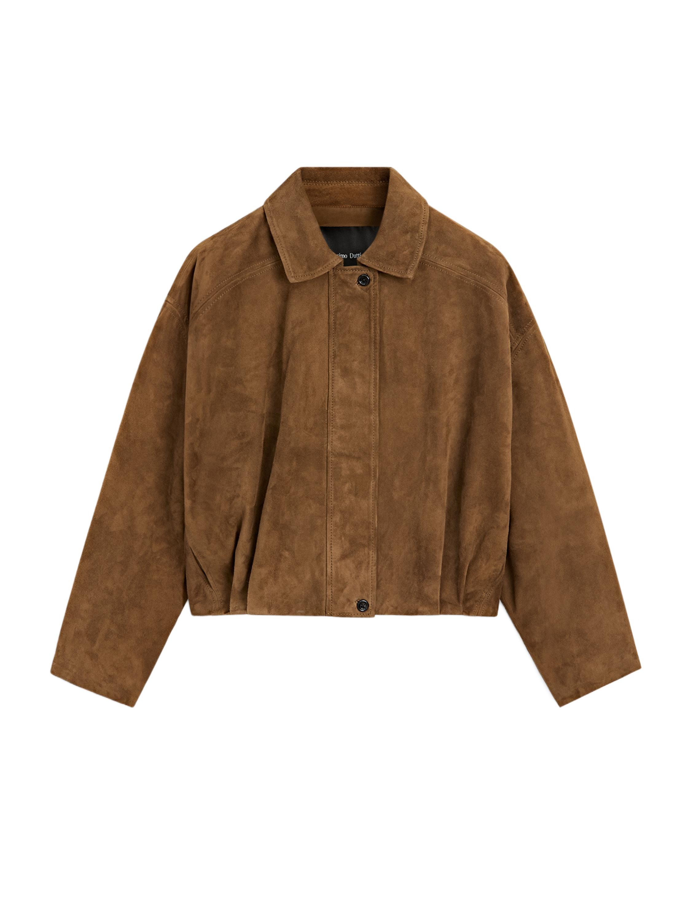 Short suede leather bomber jacket — BROWN