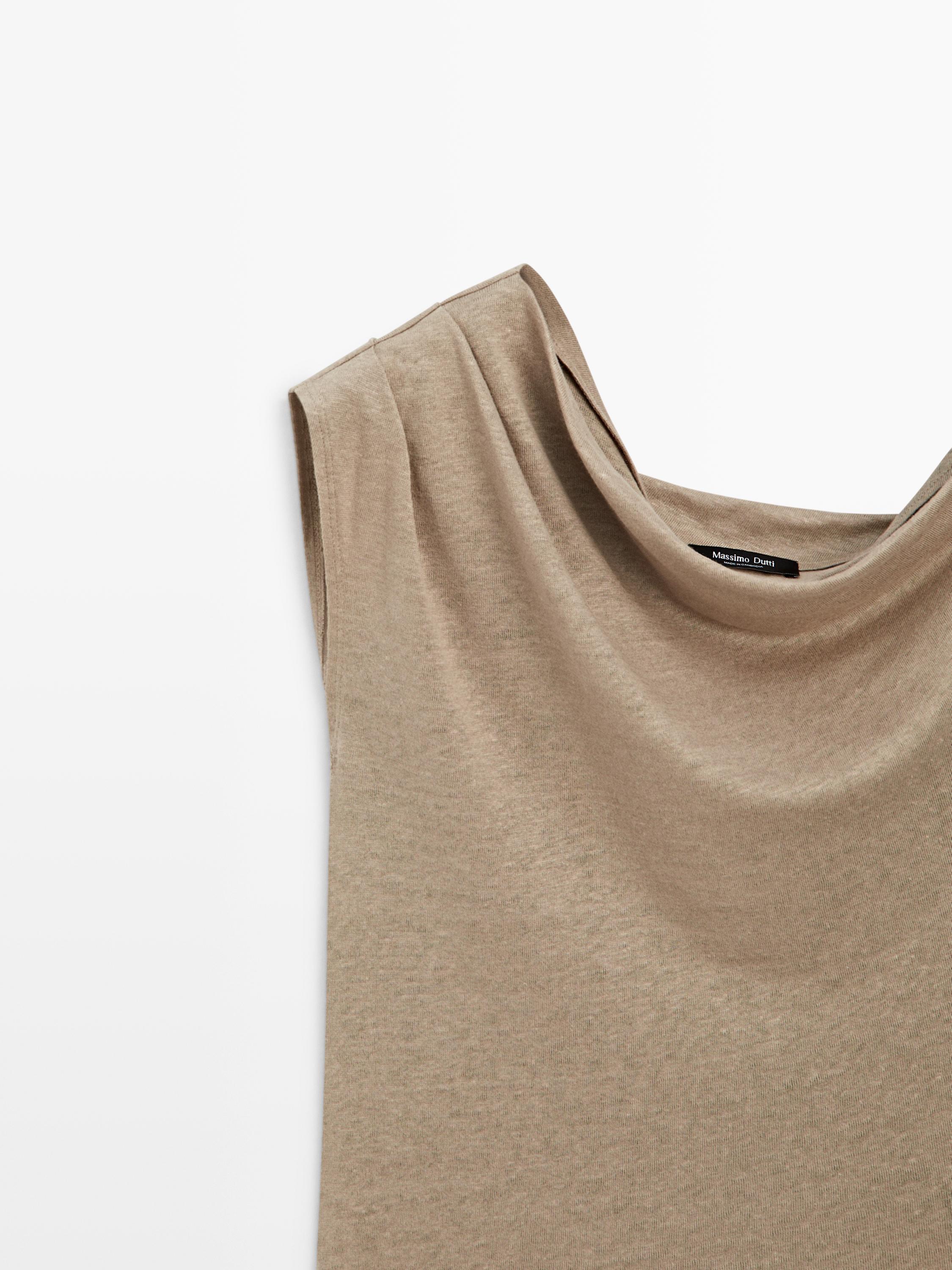 Asymmetric linen blend top with draped detail — Washed