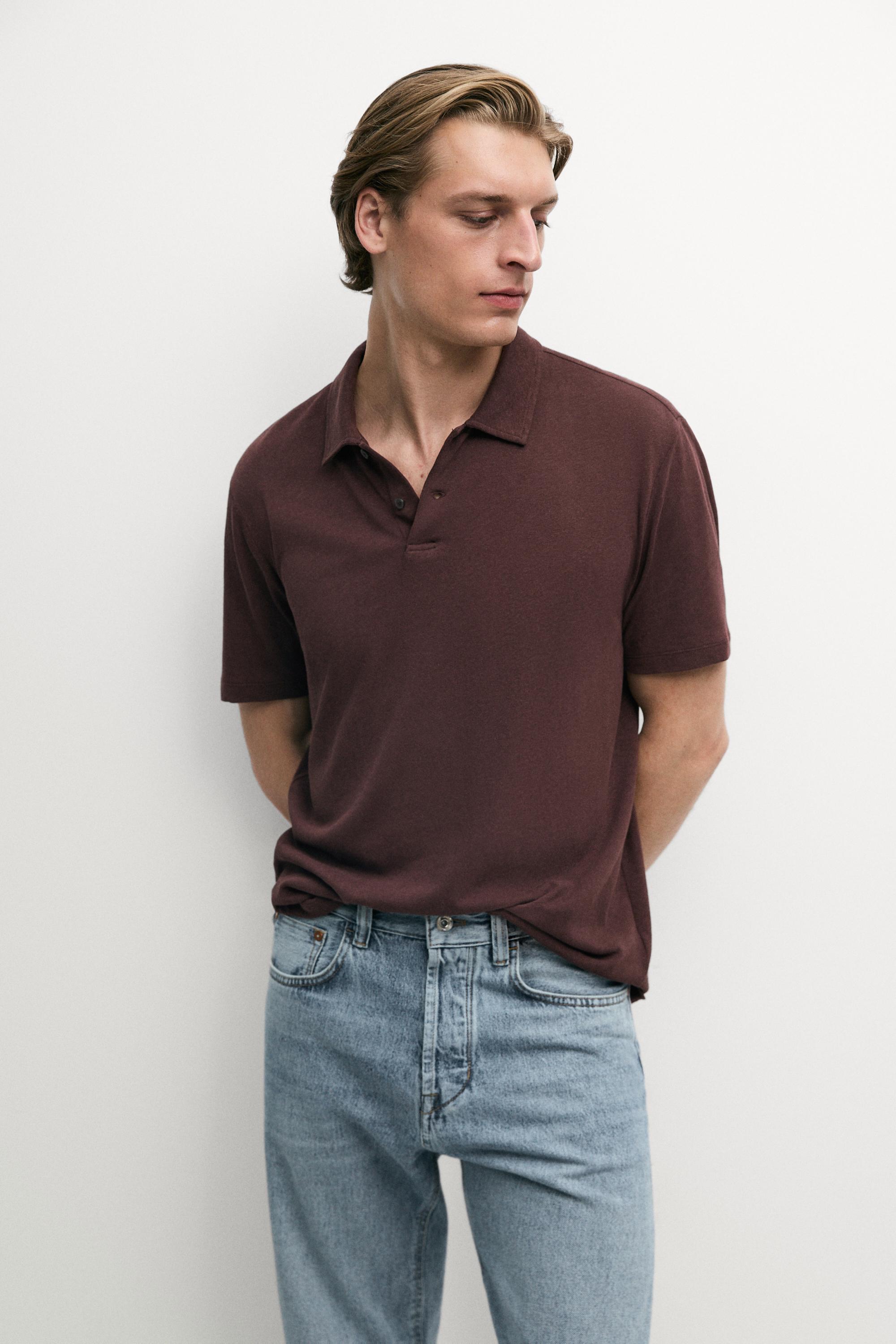 Linen and cotton short sleeve polo shirt — BURGUNDY