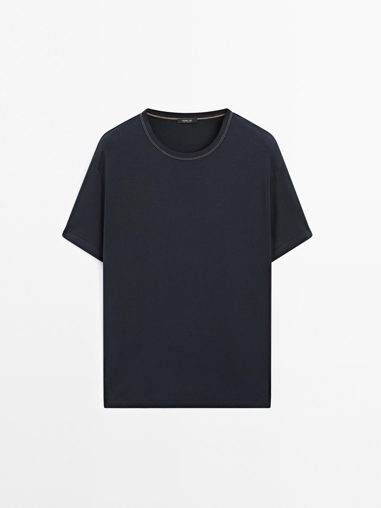 Massimo Dutti - Herre - Kortærmet T-Shirt Med Kontrasterende Pyntestikninger - Indigoblå - Xl