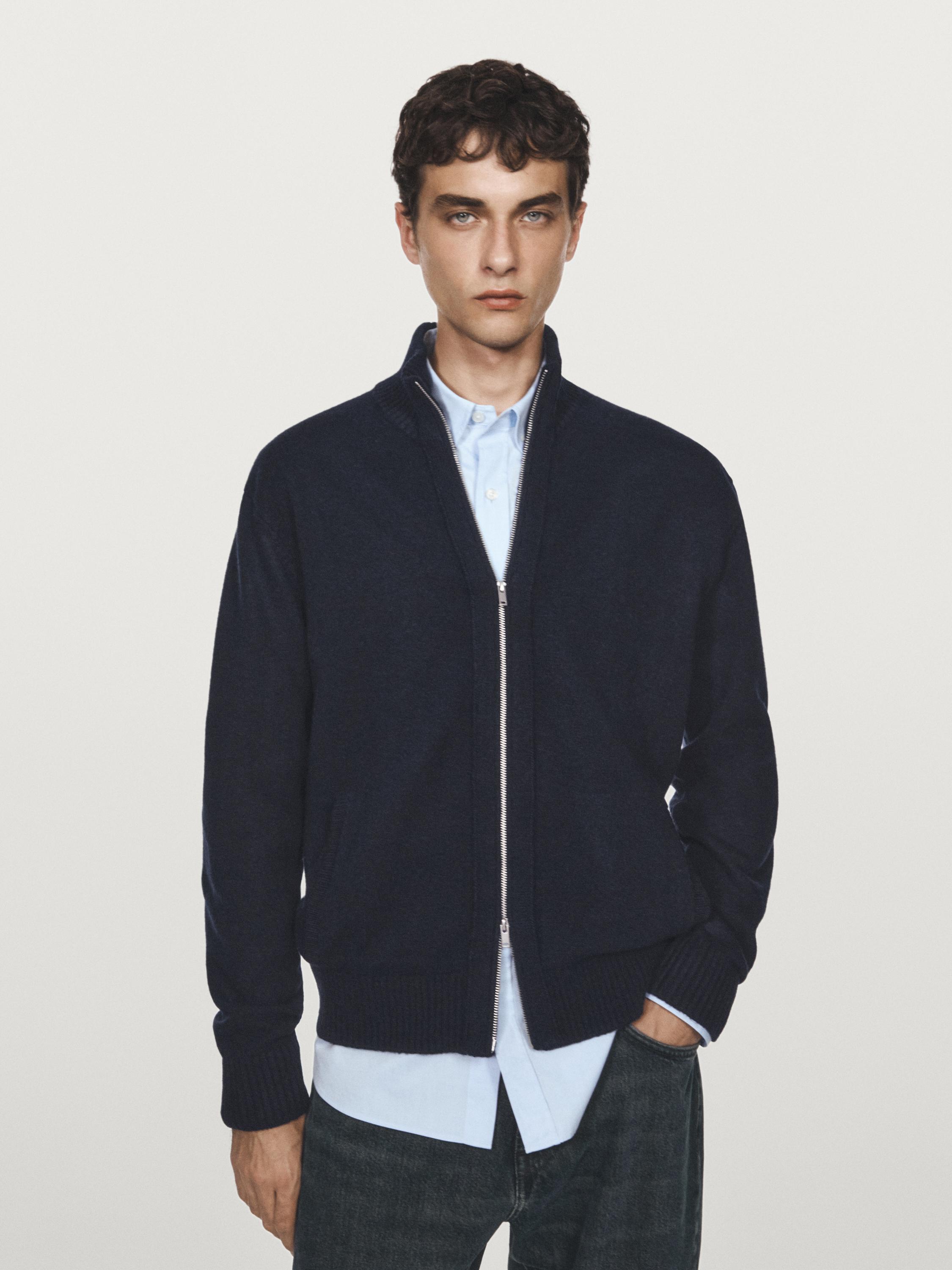 拉鍊設計羊毛混紡開襟衫