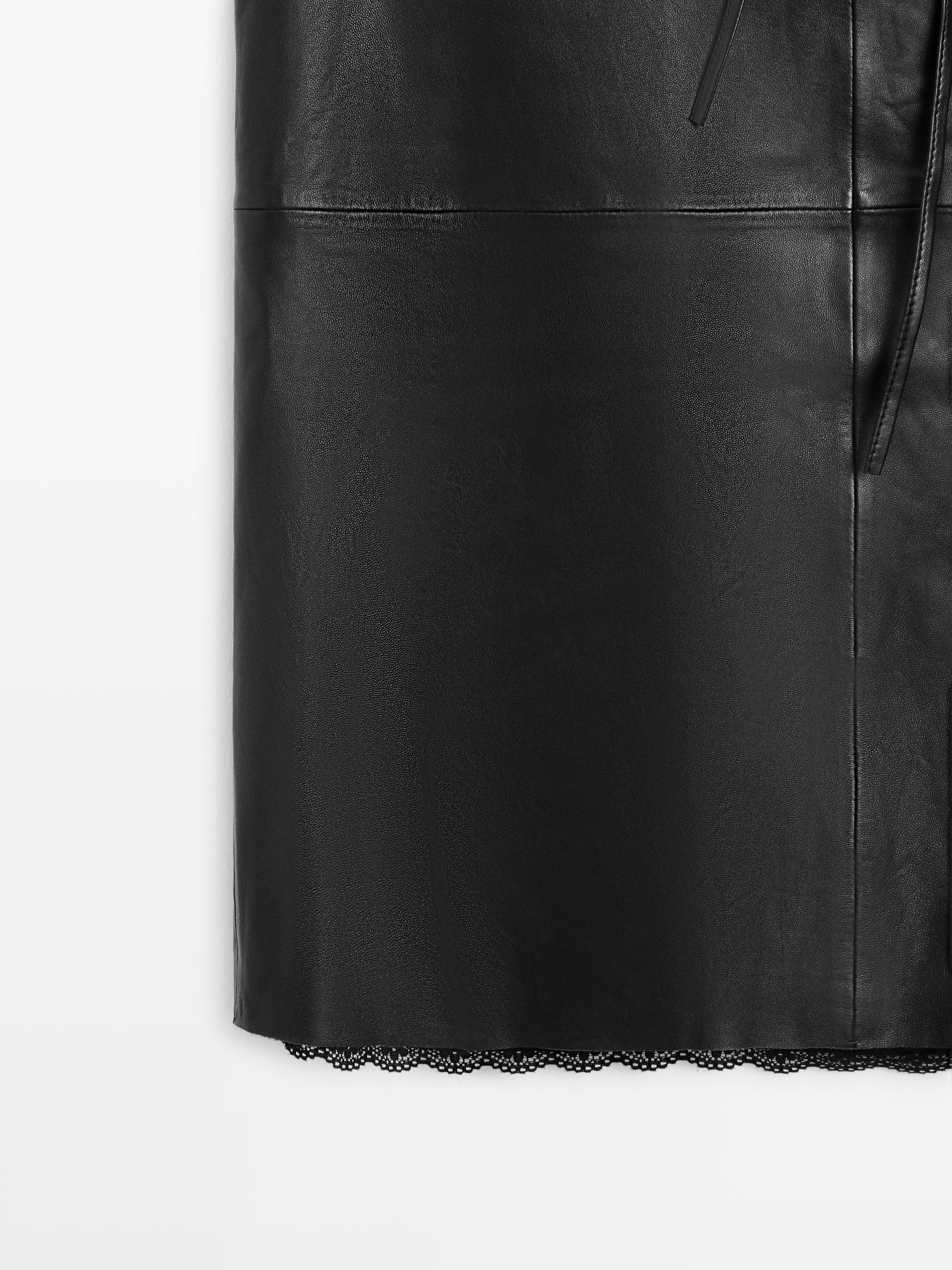 Nappa leather midi skirt with lace detail — BLACK