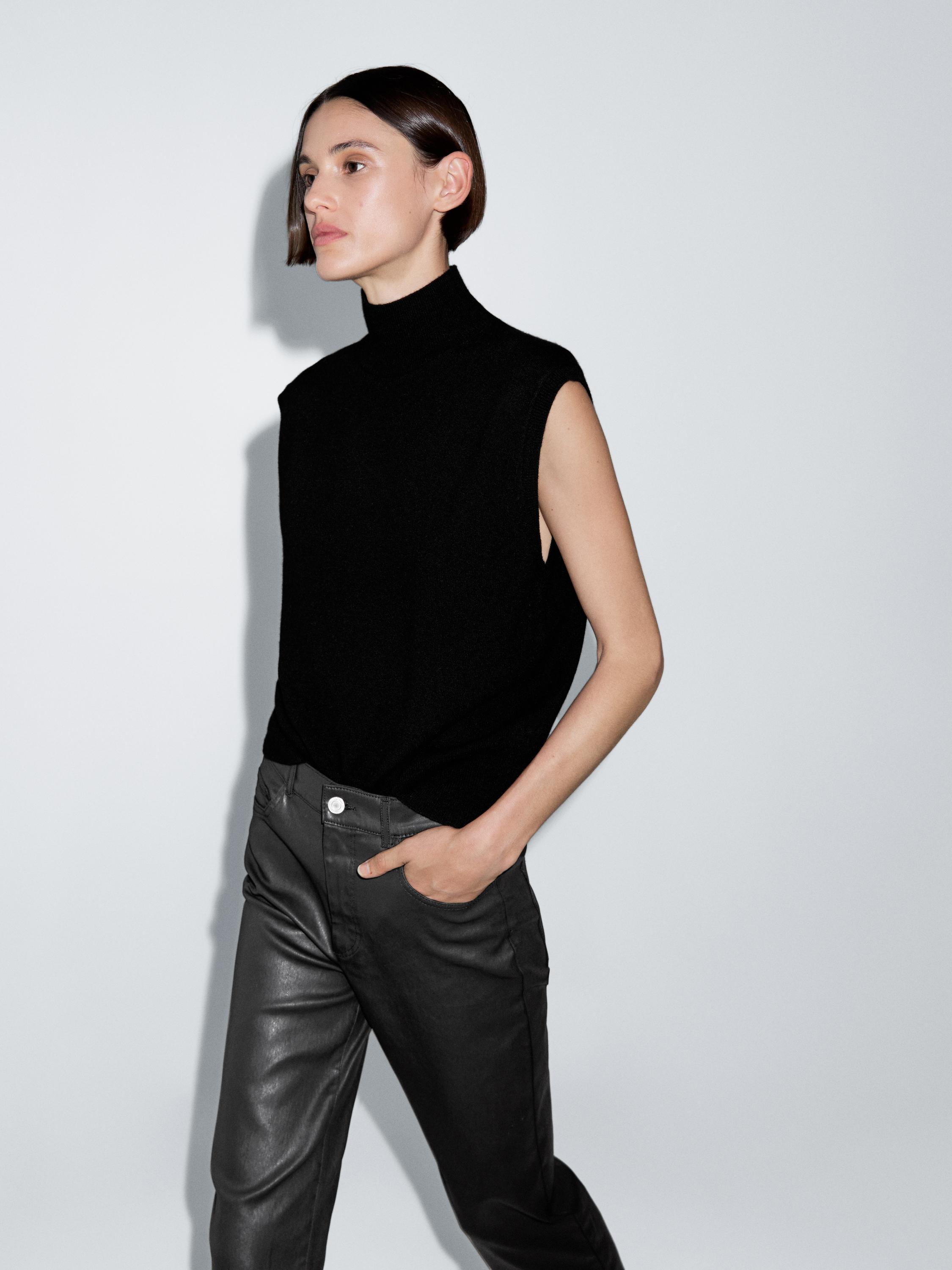 High-waist straight-leg waxed trousers — BLACK