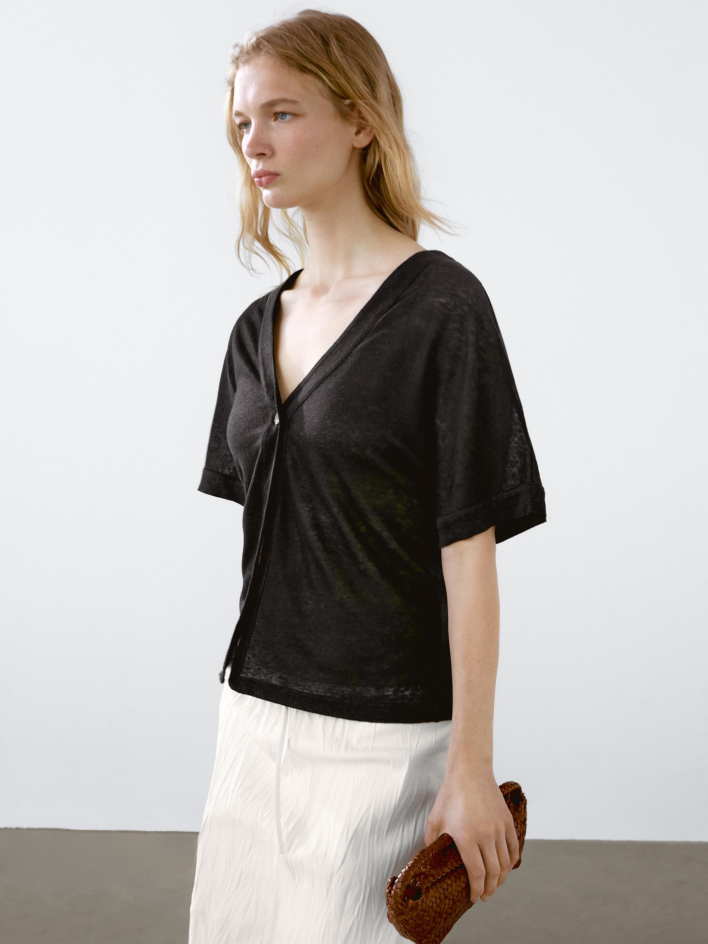 קרדיגן עם שרוולים קצרים עשוי 100% פשתן