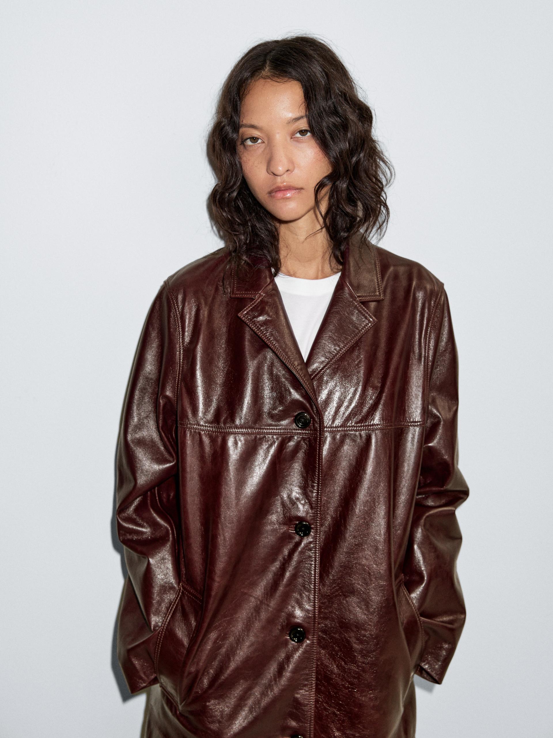 Długi Płaszcz Ze Skóry Nappa - Bordowy - M - Massimo Dutti - Kobieta