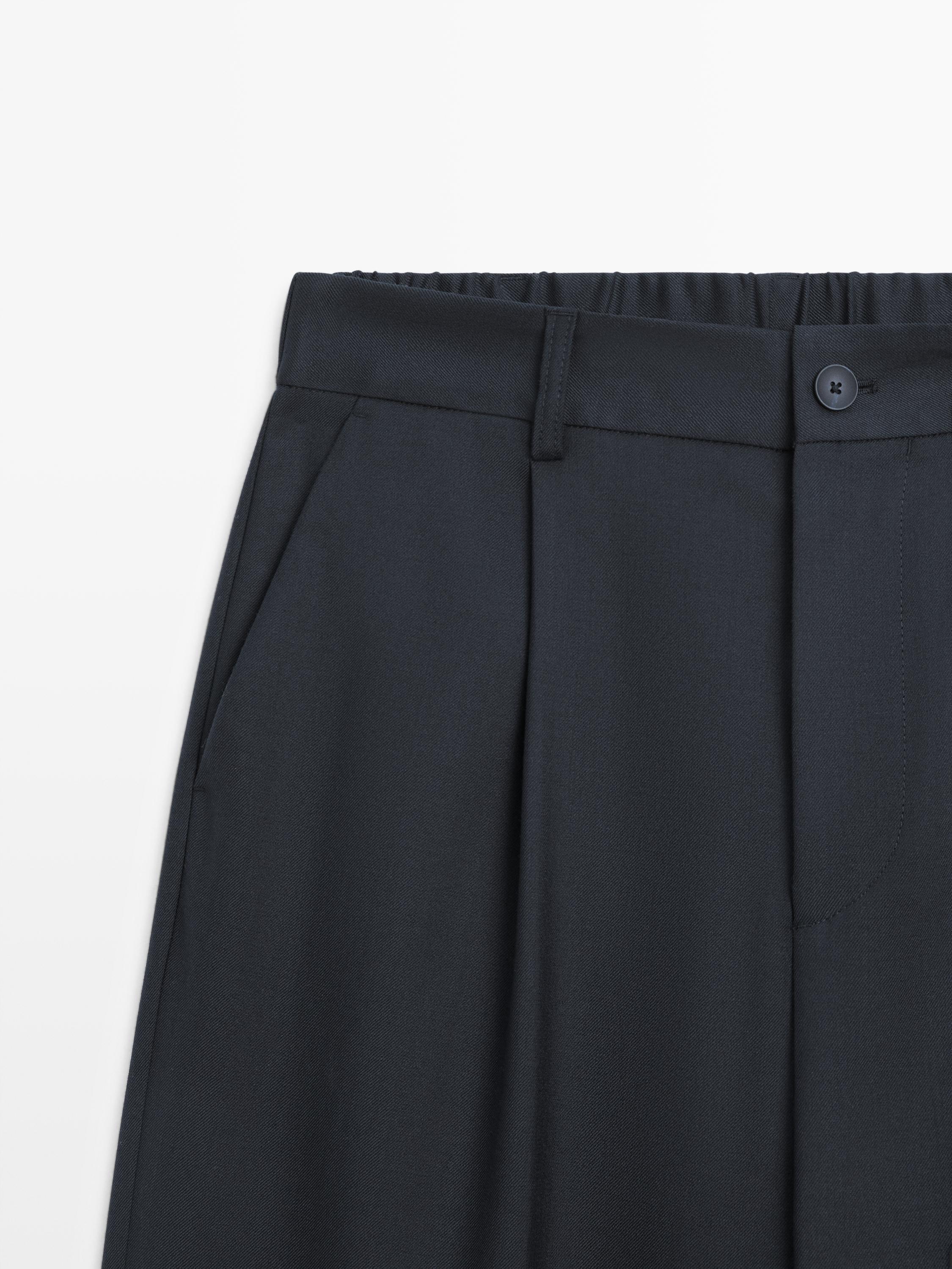 Relaxed fit wool blend trousers with darts — NAVY BLUE