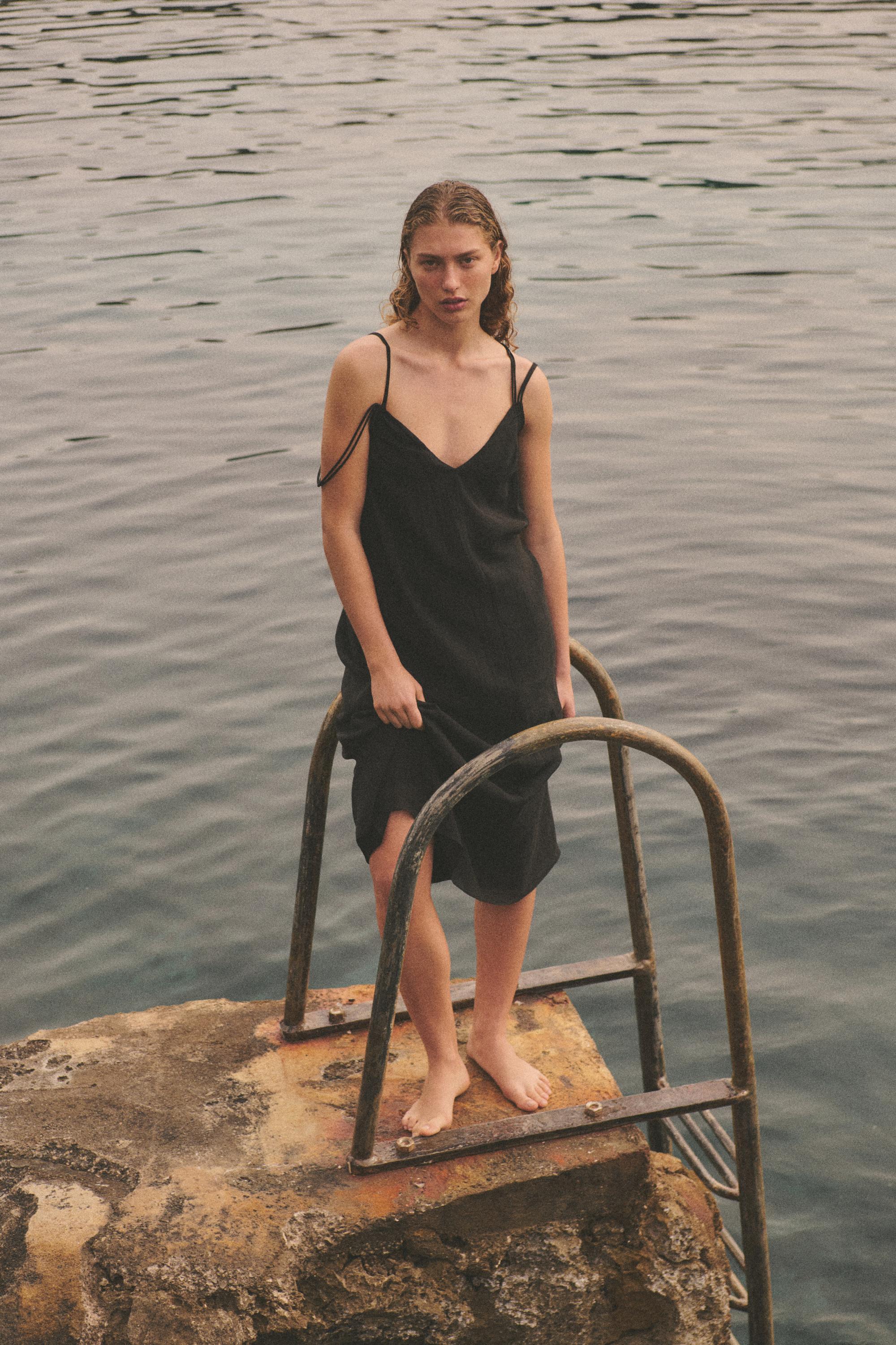 Ramie blend strappy midi dress — BLACK