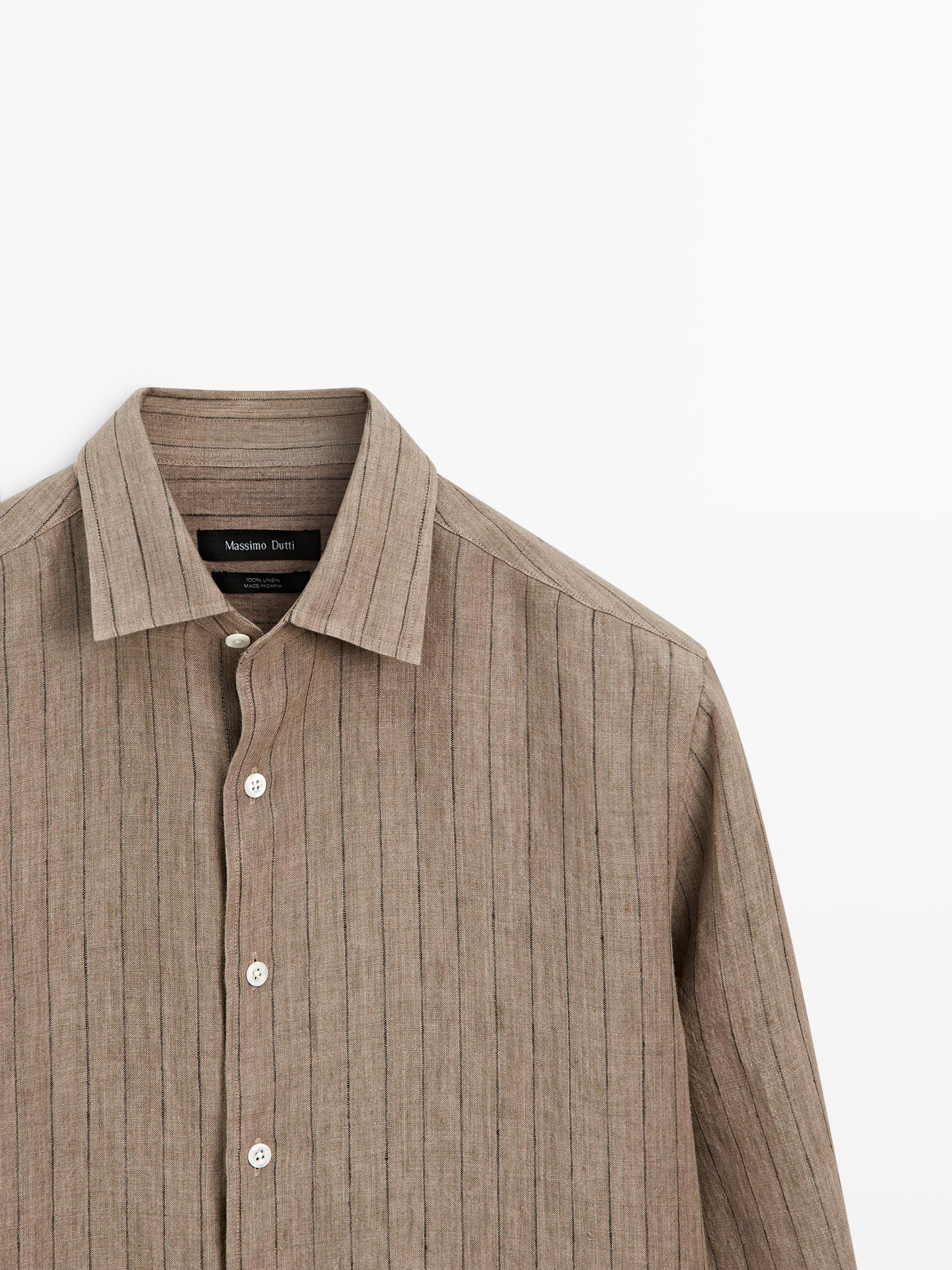 Regular fit 100% linen striped shirt — BEIGE