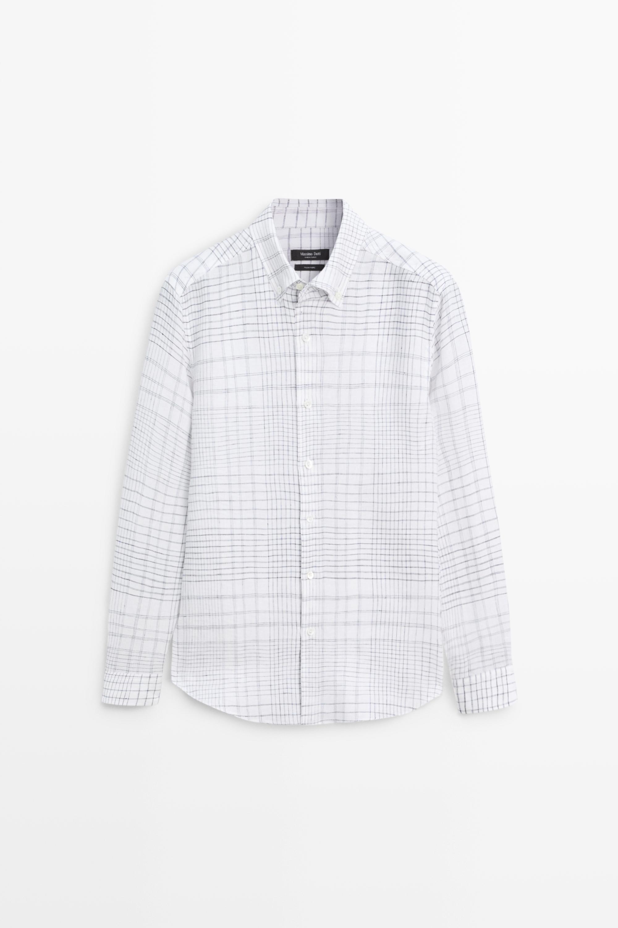 100% linen regular fit check shirt — WHITE