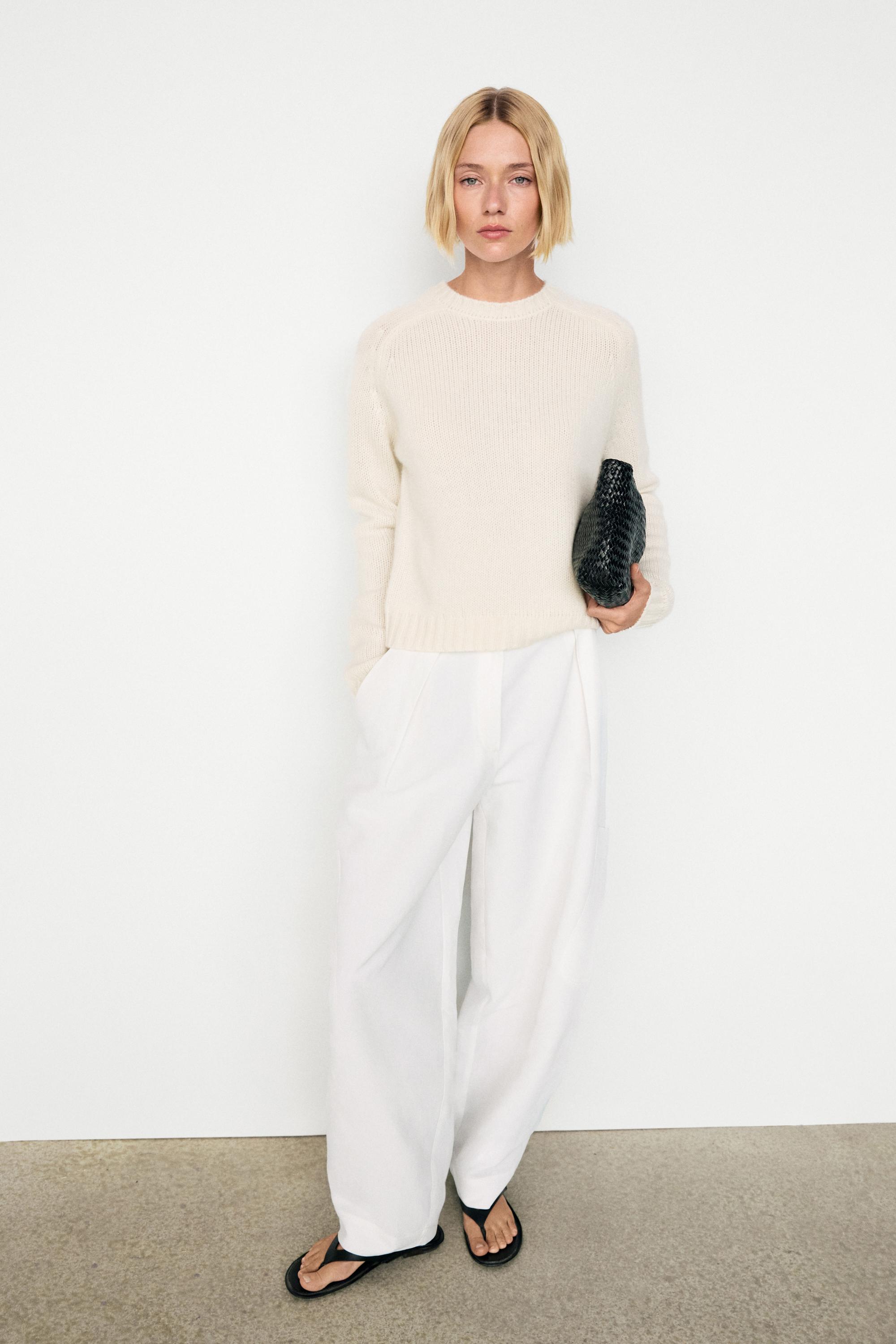 100% cashmere cropped knit sweater — Vanilla