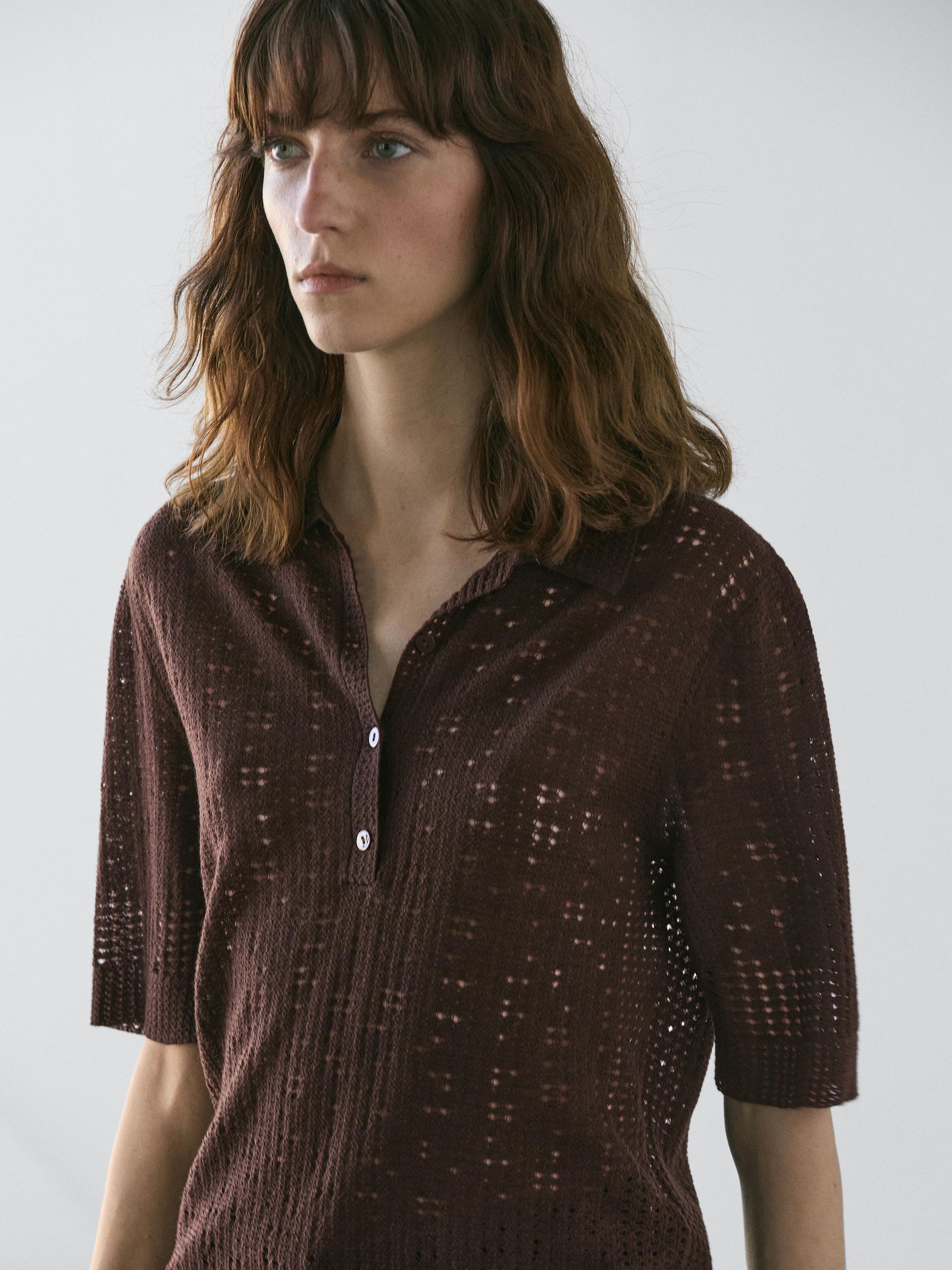 Polo In Maglia A Maniche Corte Misto Lana - Cioccolato - Xs - Massimo Dutti - Femminile