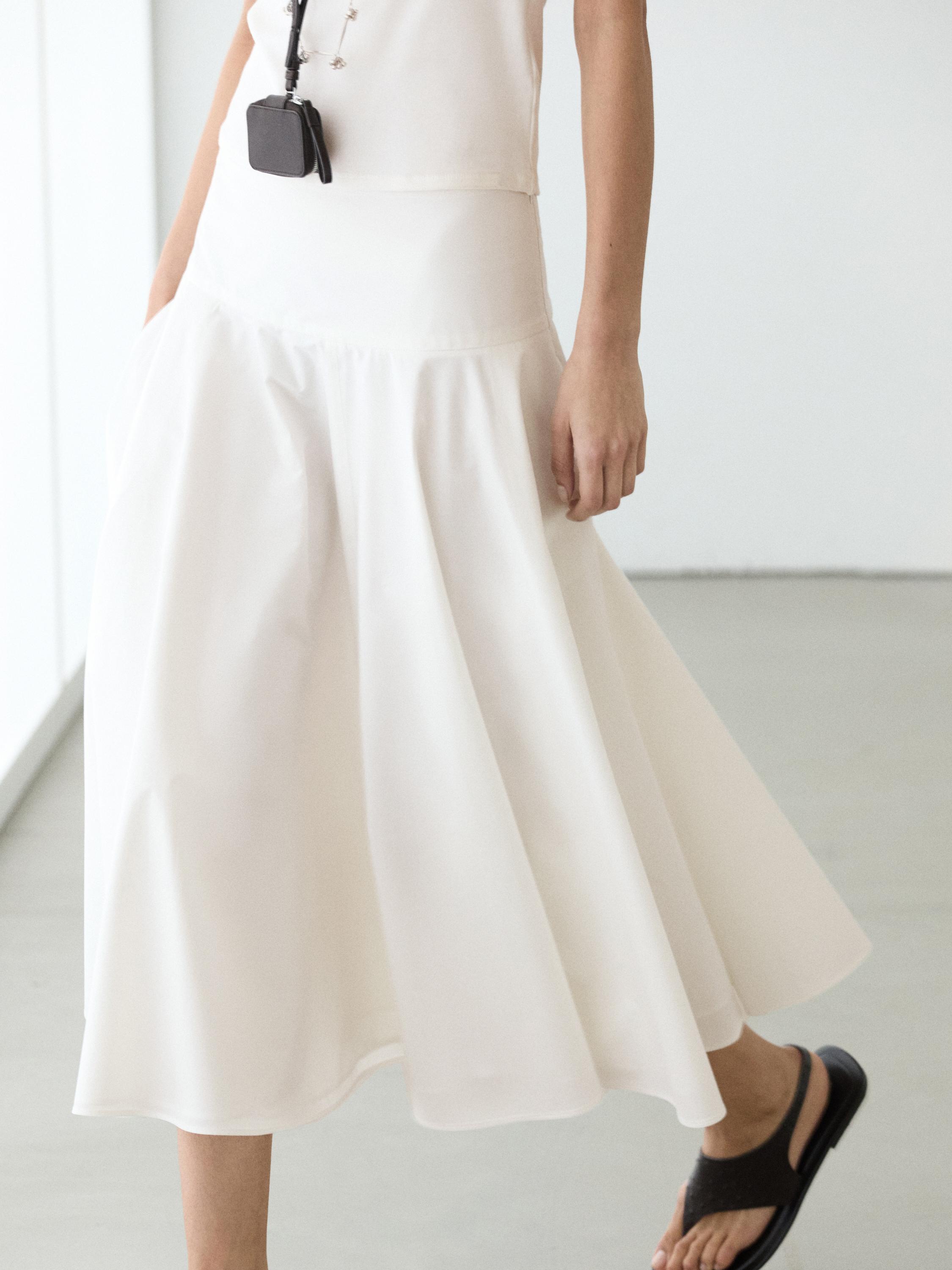 100% cotton midi skirt with yoke detail — WHITE