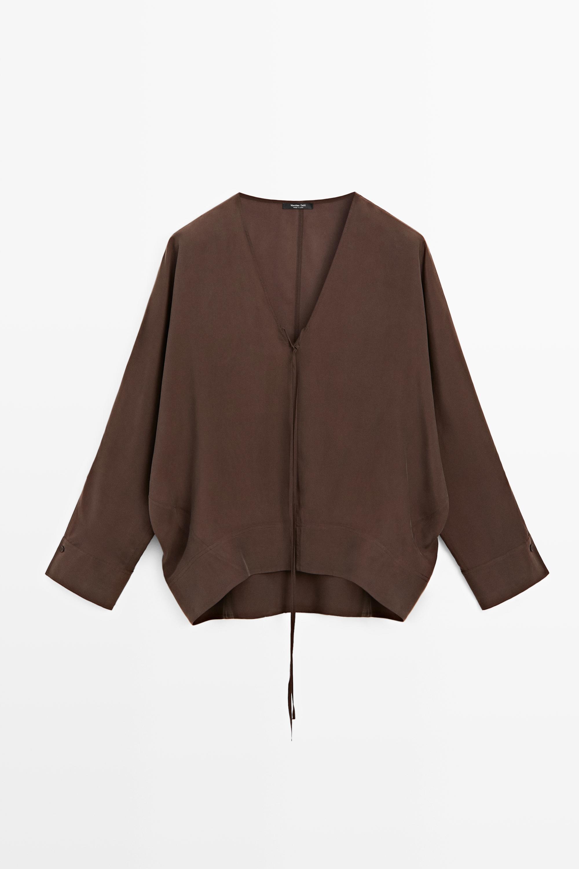 Fluid V-neck tie-front blouse — BROWN