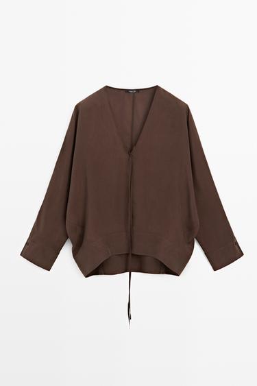Fluid V-neck tie-front blouse — BROWN 2