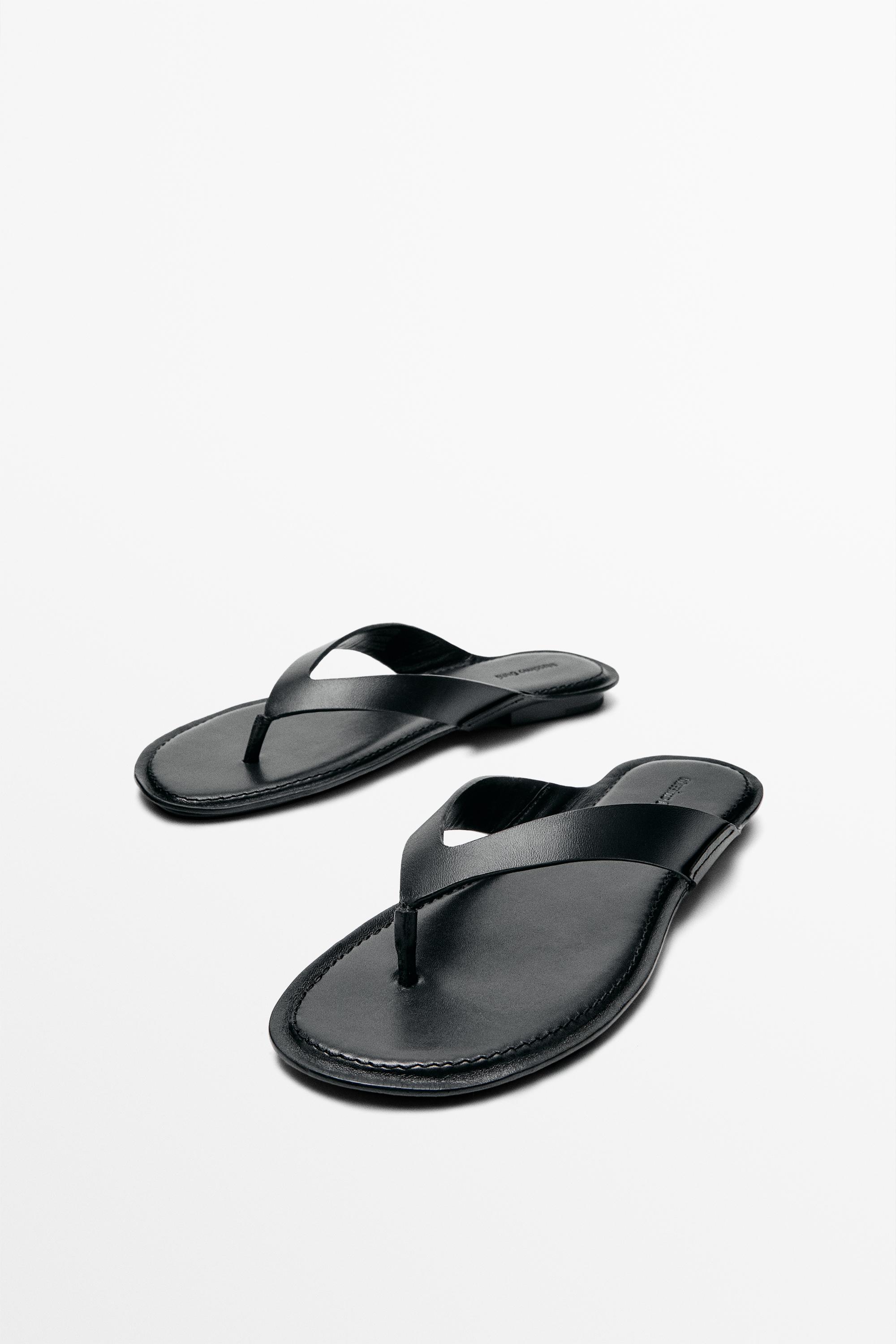 Flat leather sandals — BLACK