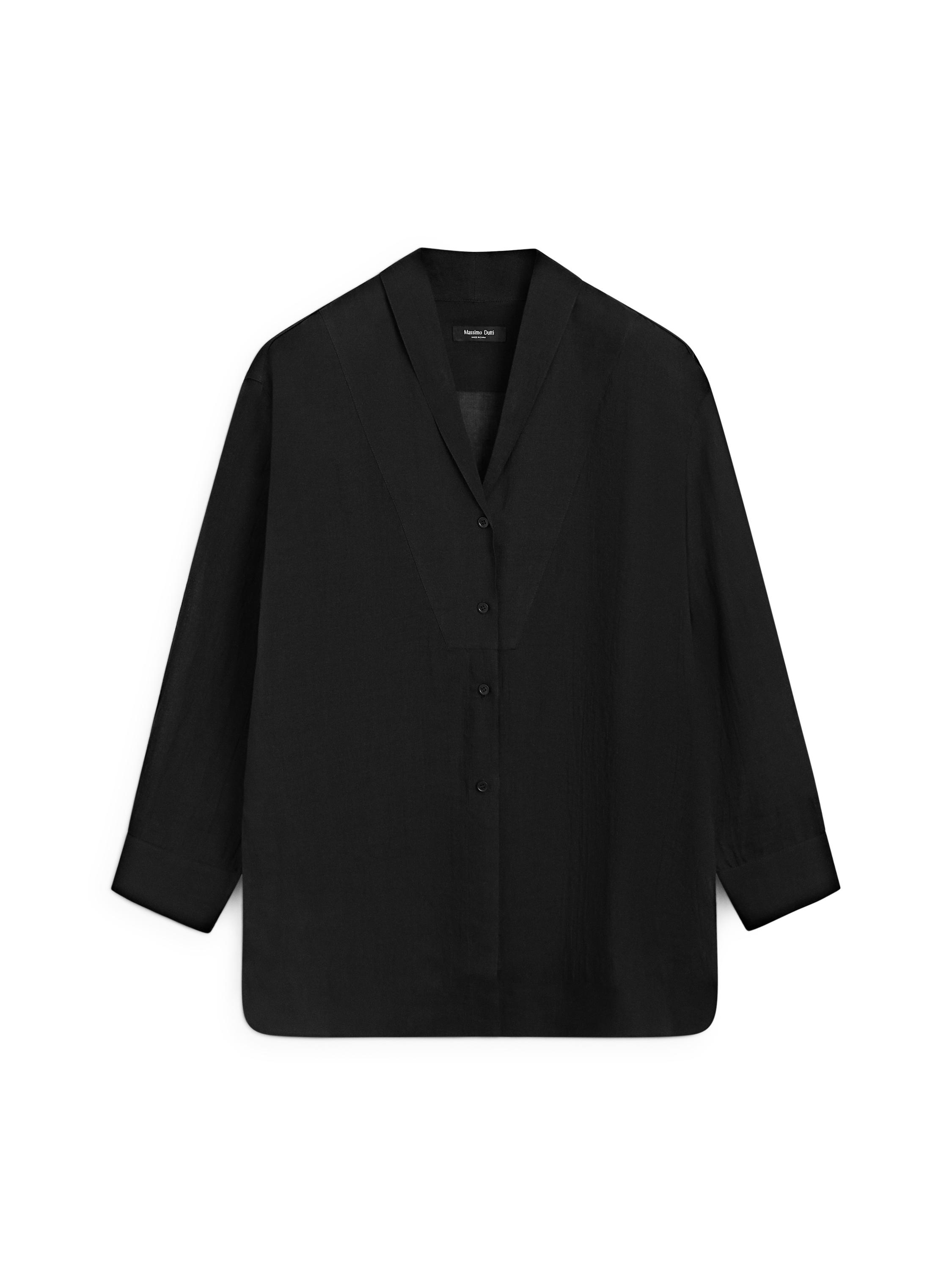 Flowing semi-sheer shirt with chest detail — BLACK