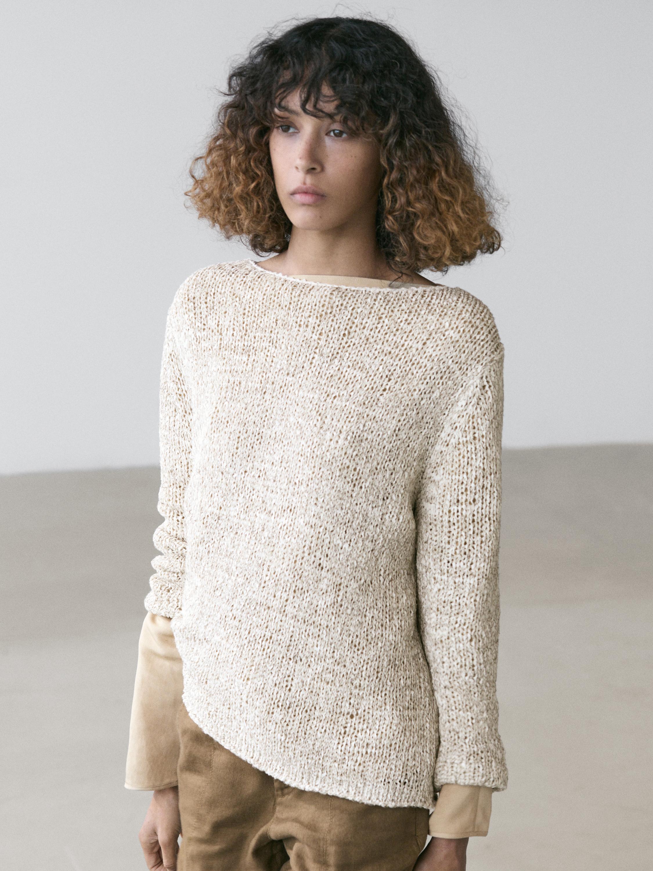 Boat neck knit sweater — BEIGE