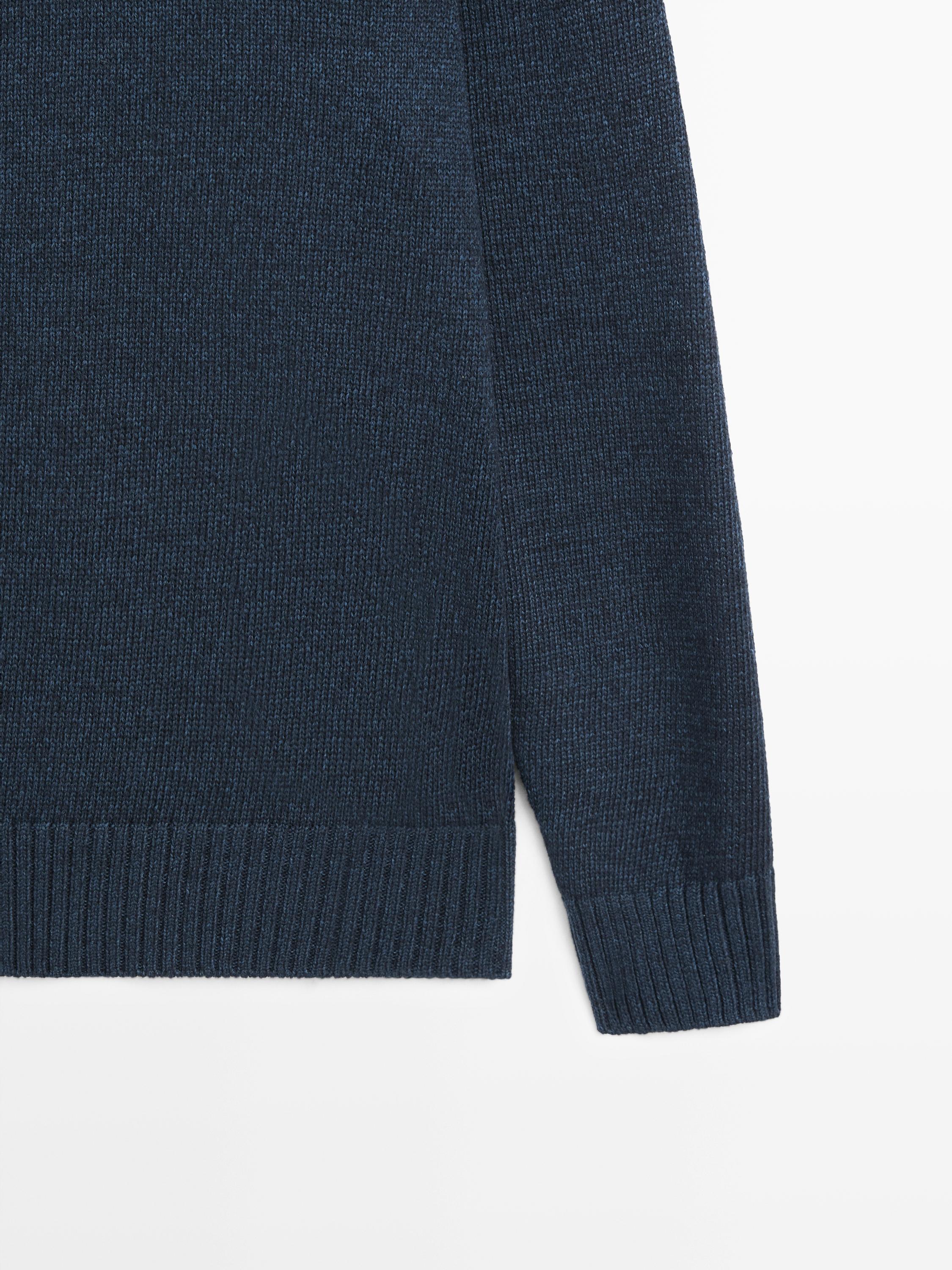 Denim-effect crew neck knit sweater — NAVY BLUE