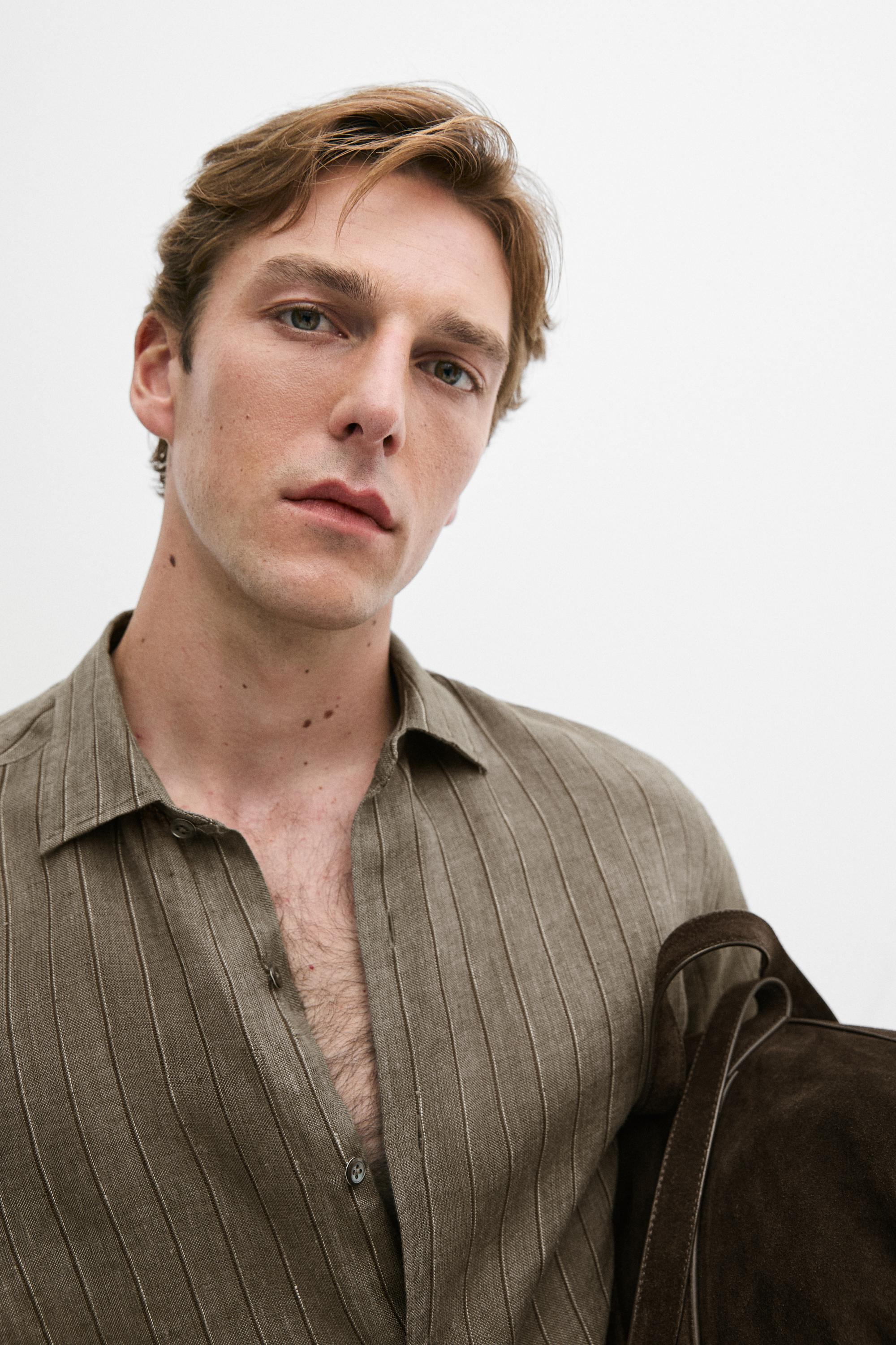 100% linen regular fit striped shirt — DARK GREEN
