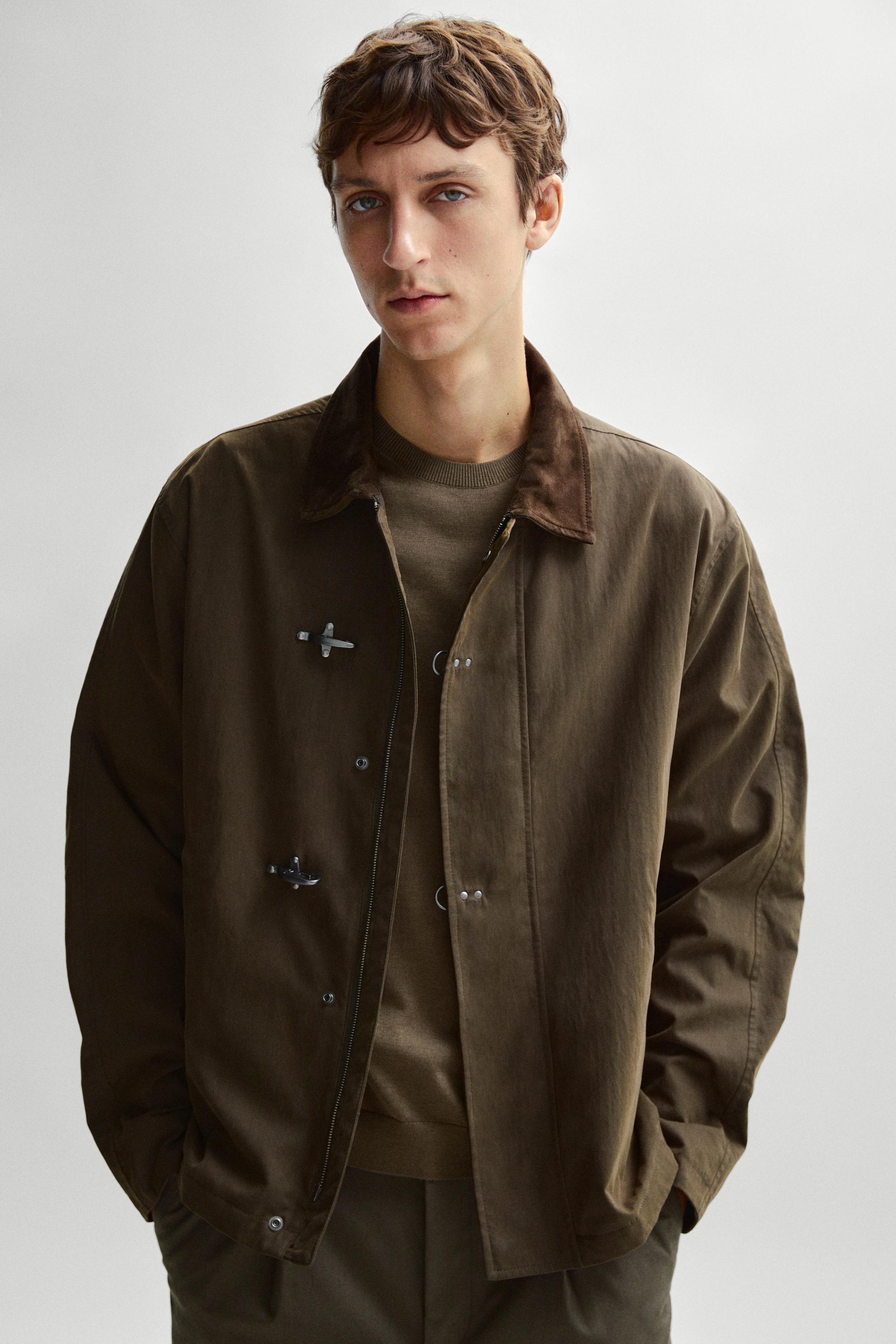 Jacket with leather collar detail — DARK KHAKI