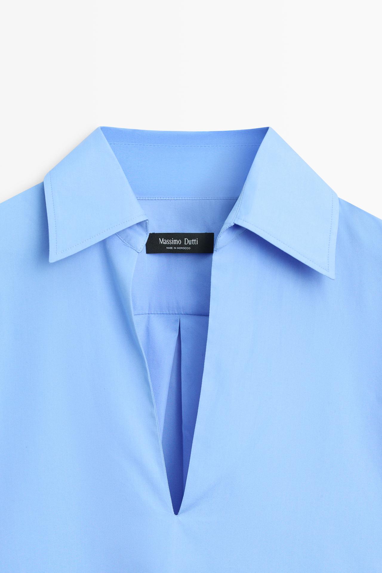 Cotton poplin blouse with V-neck — INDIGO