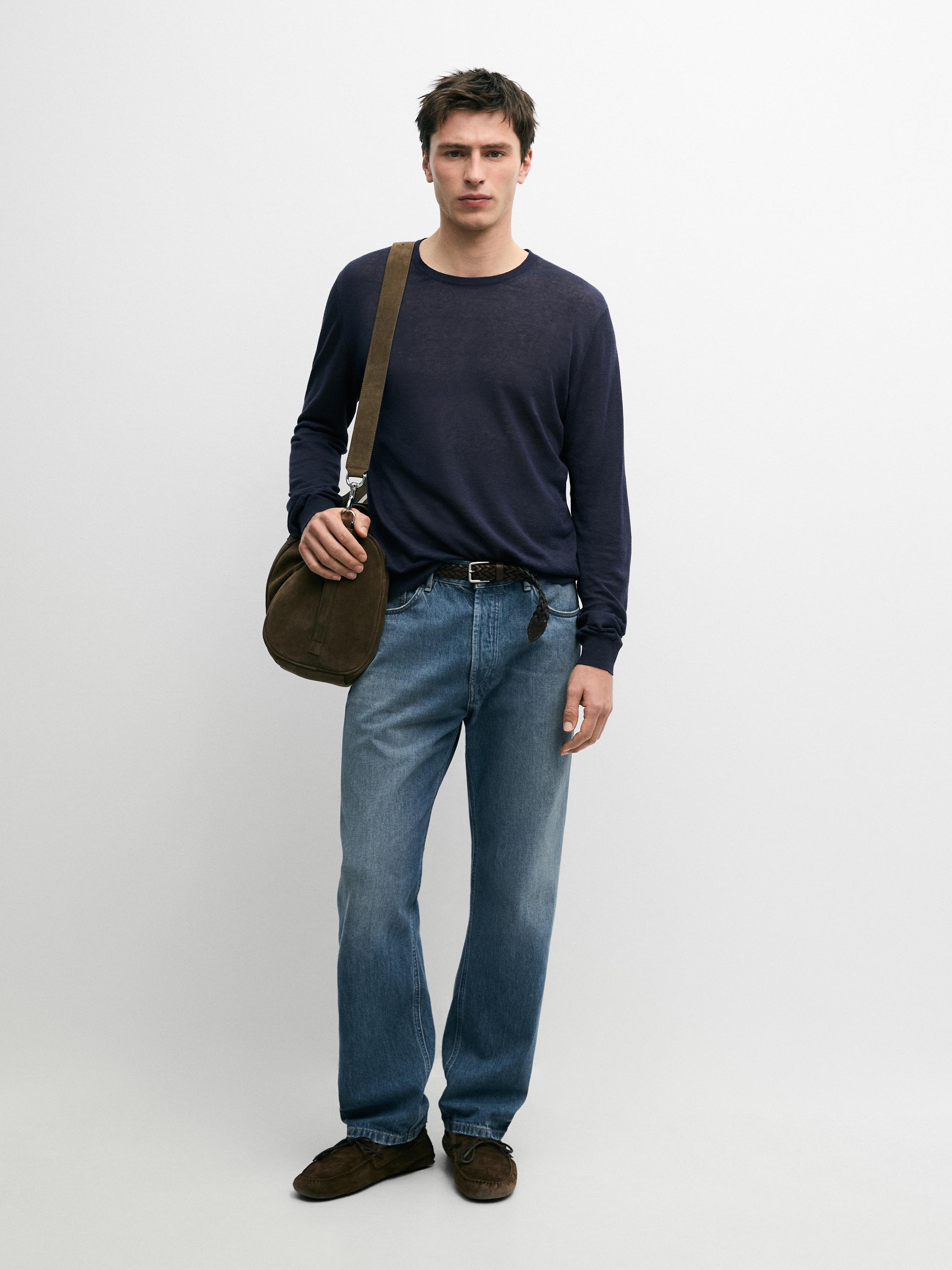Linen and cashmere knit crew neck sweater — NAVY BLUE
