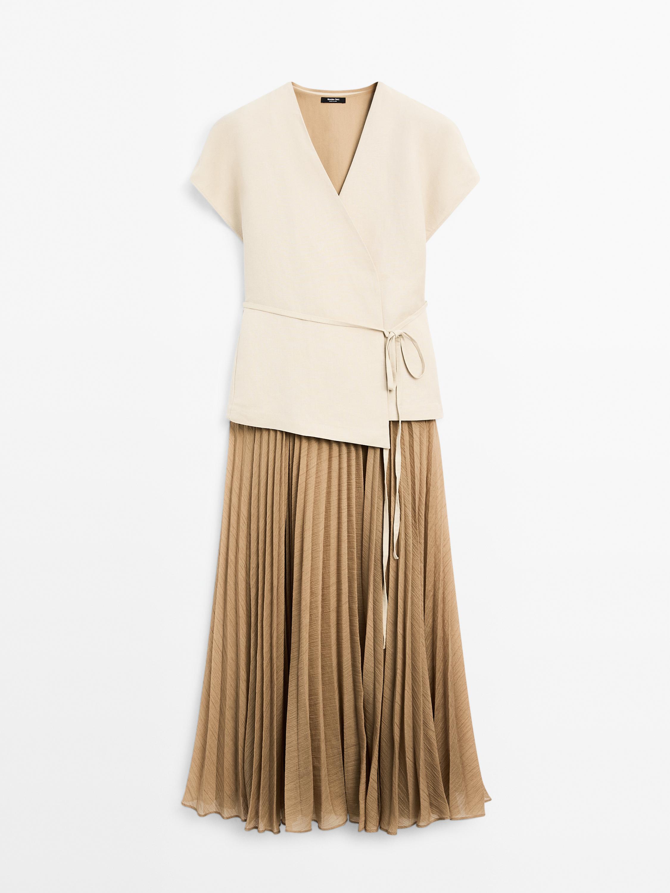 Long pleated dress with waistcoat detail