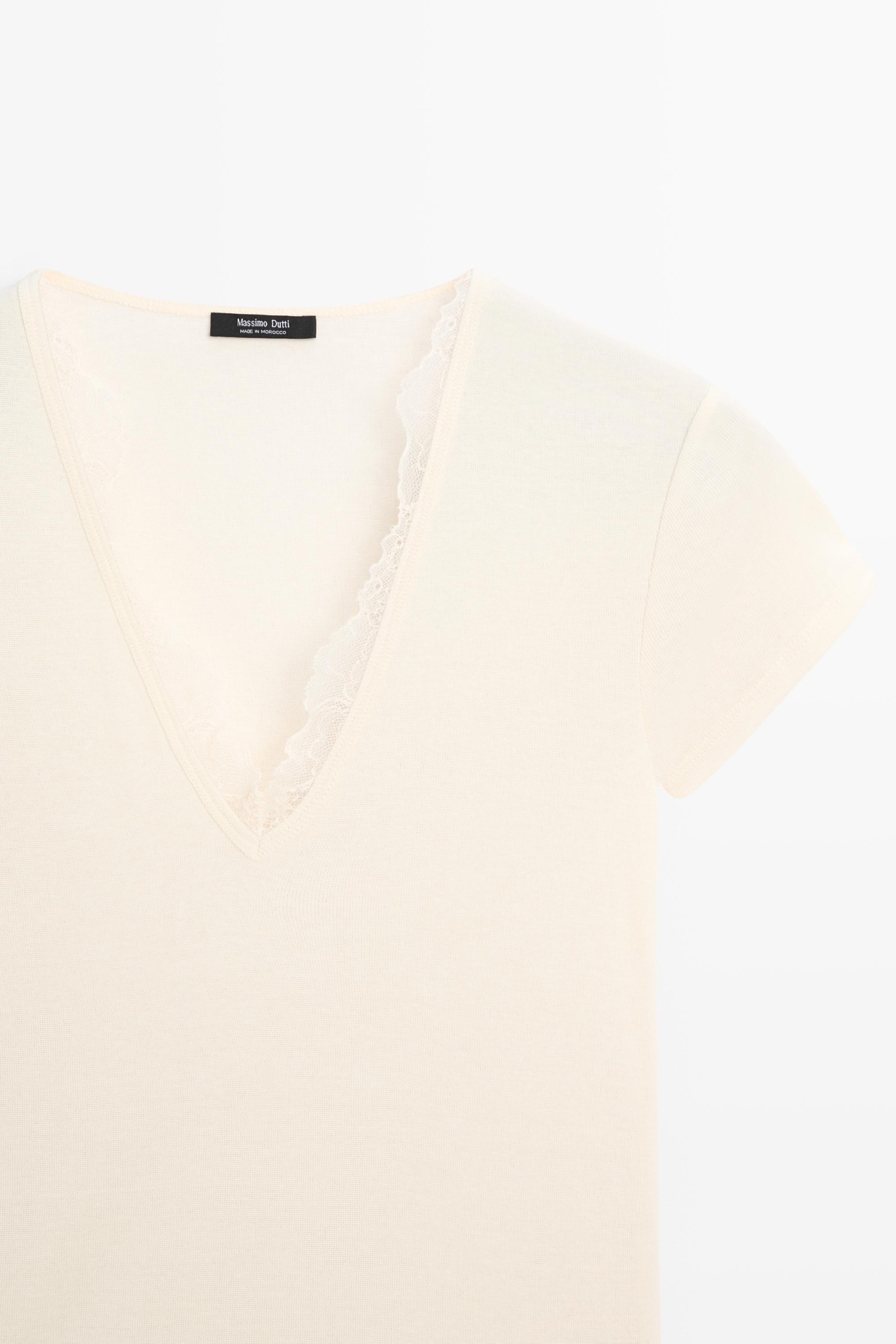 Lace-detail V-neck T-shirt — CREAM