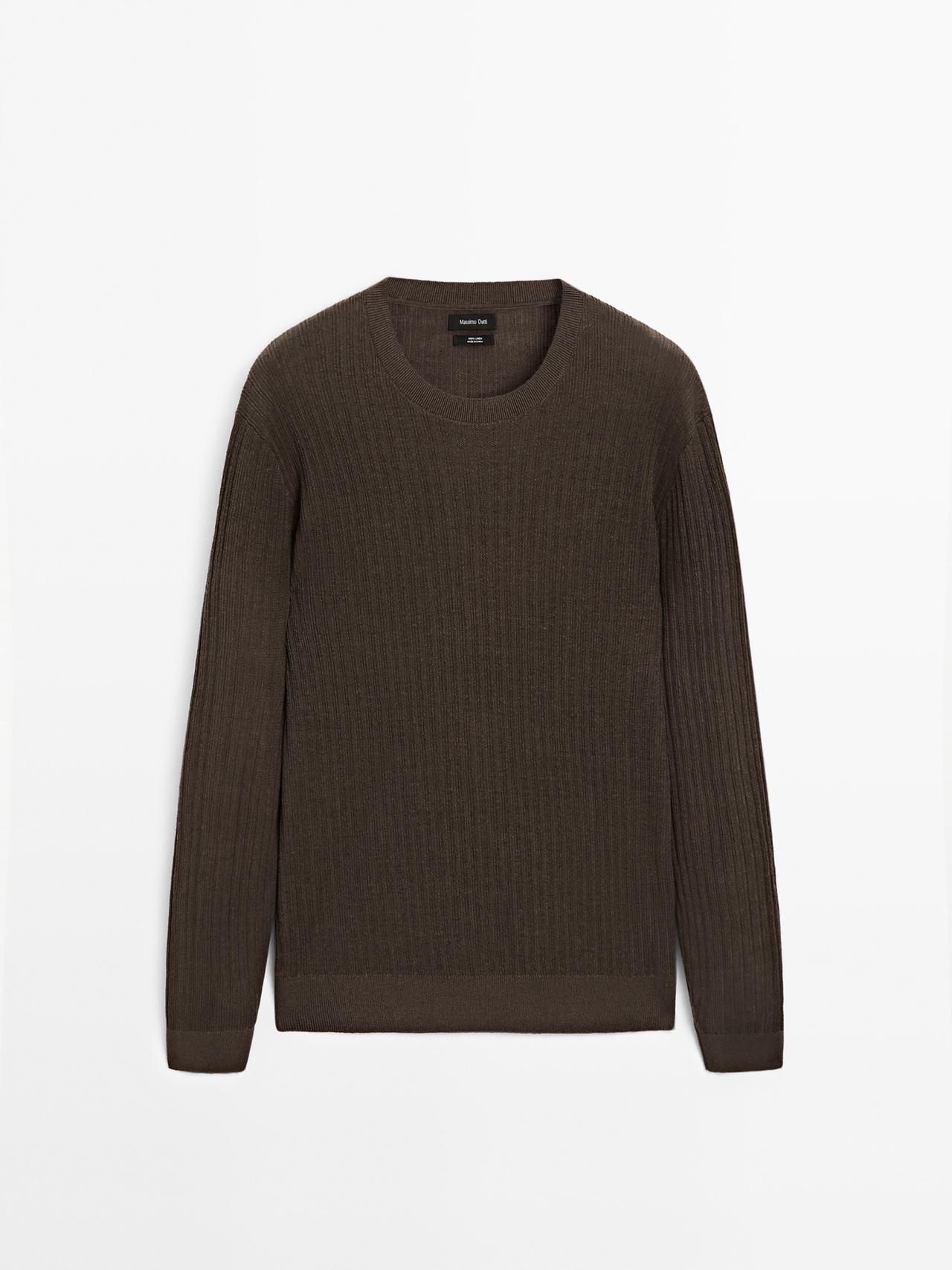Massimo Dutti - Herre - Ribstrikket Trøje I 100 % Hør - Mokka - M