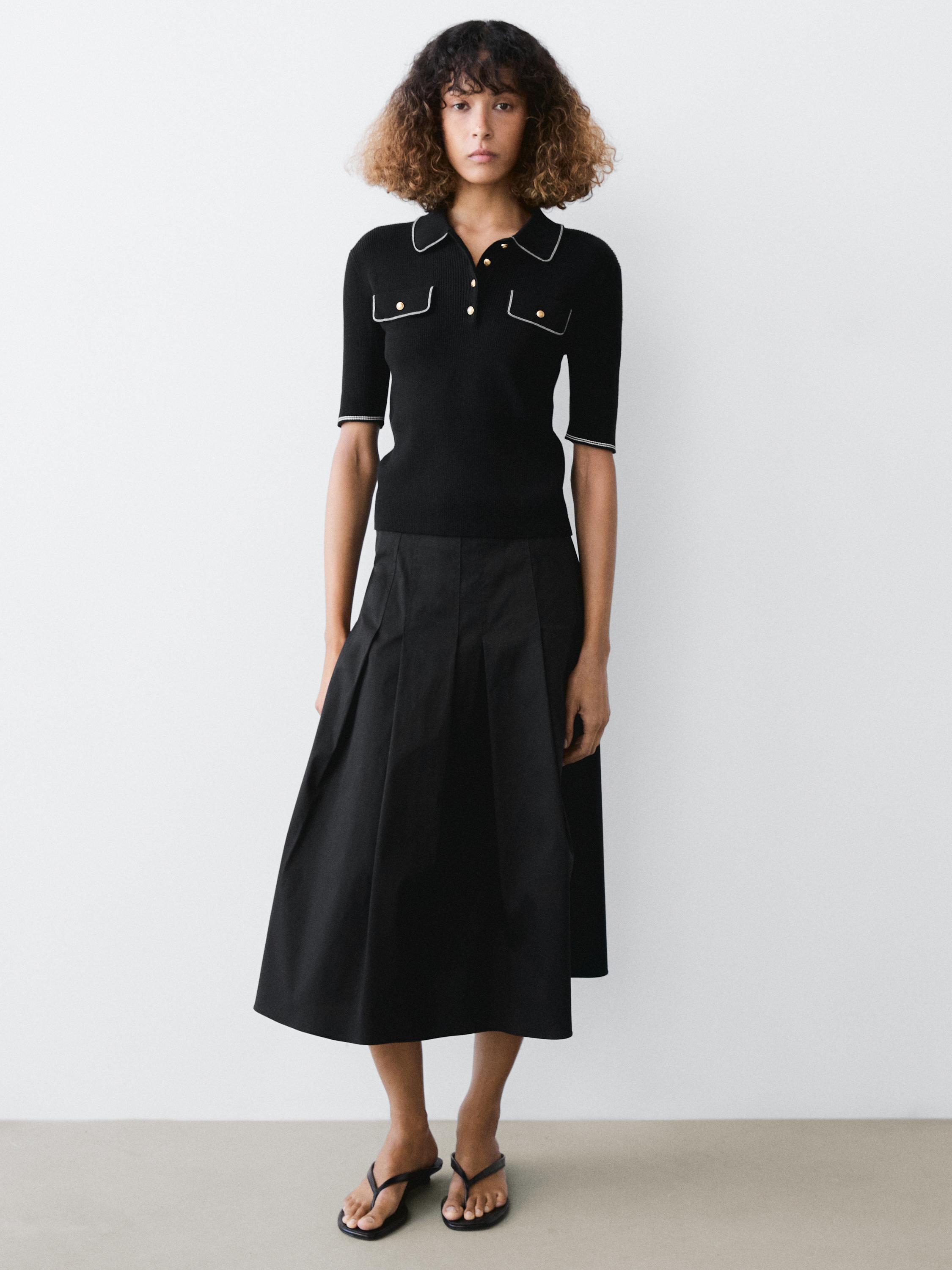 Cotton knit polo shirt with contrast detail — BLACK