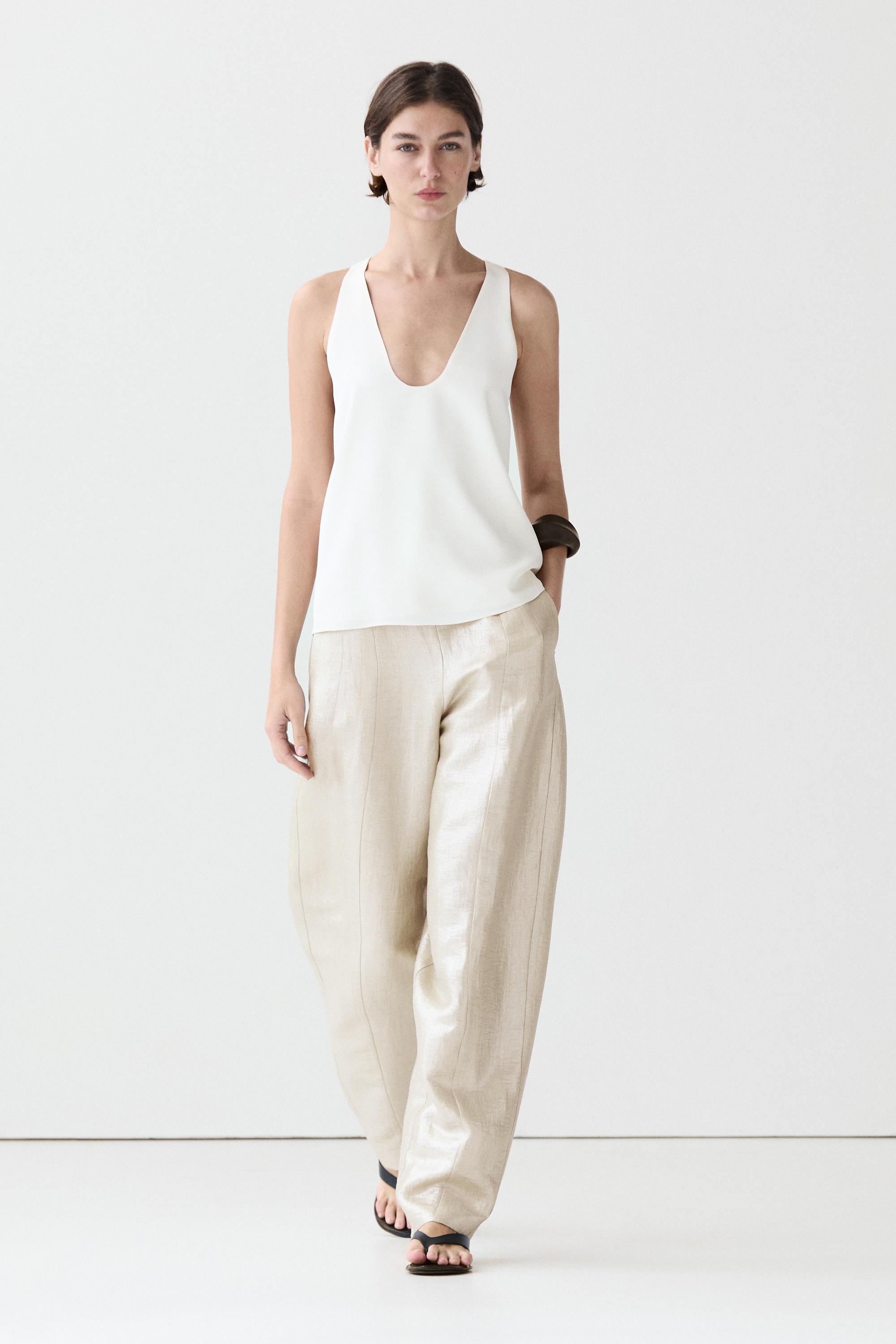 Flowing metallic linen trousers — BEIGE