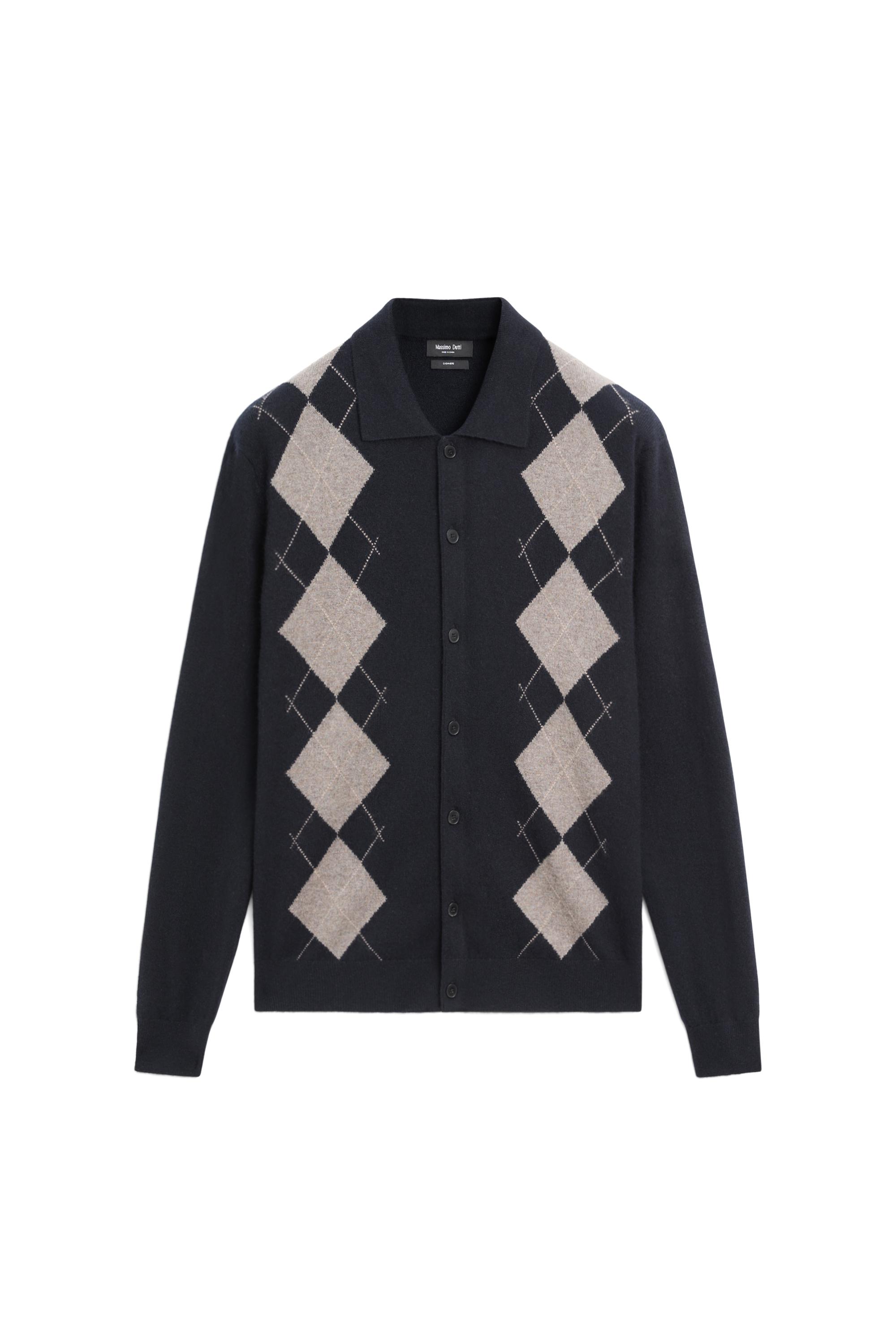 100% cashmere argyle knit cardigan — NAVY BLUE