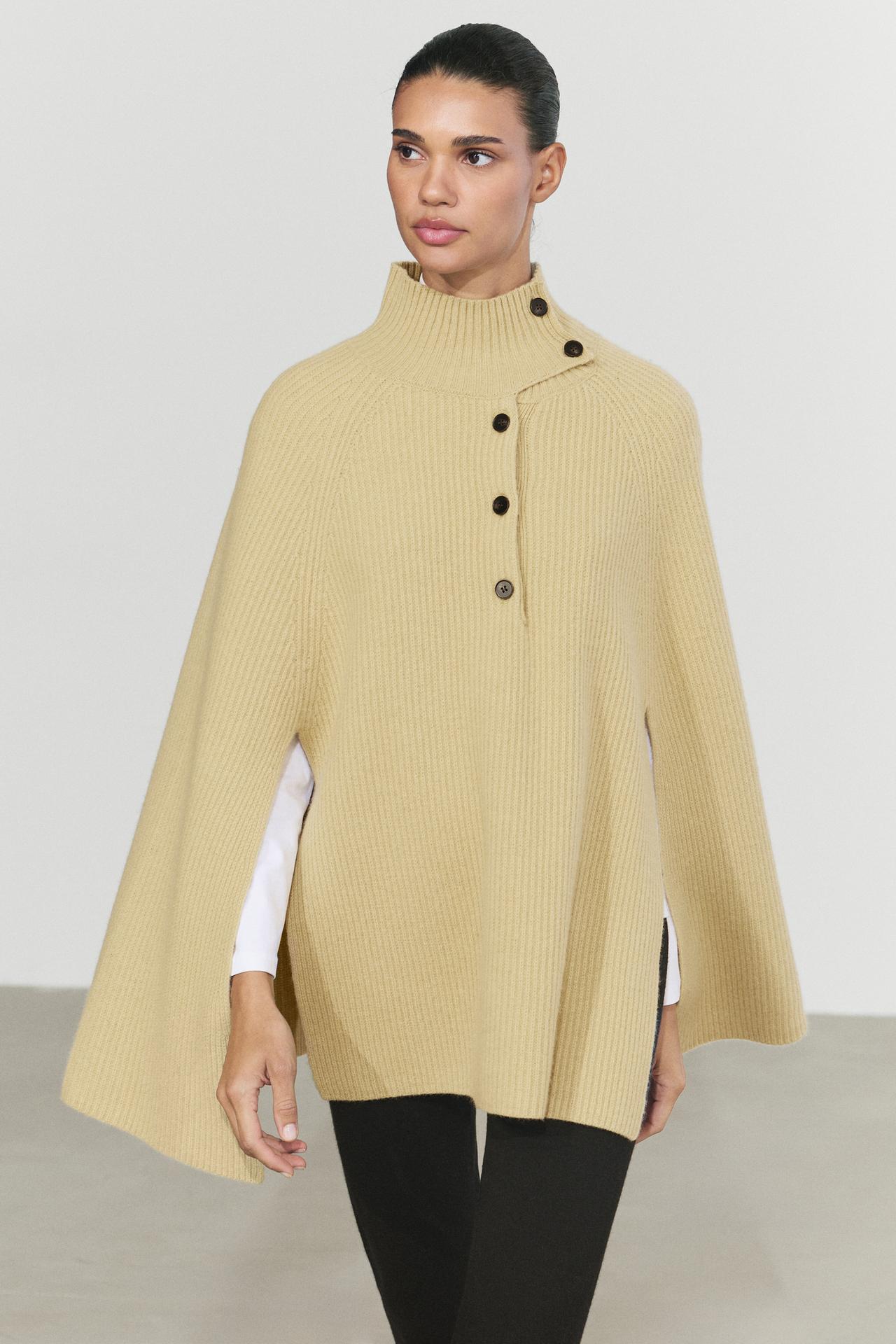 100% wool knit cape with button detail — OLIVE