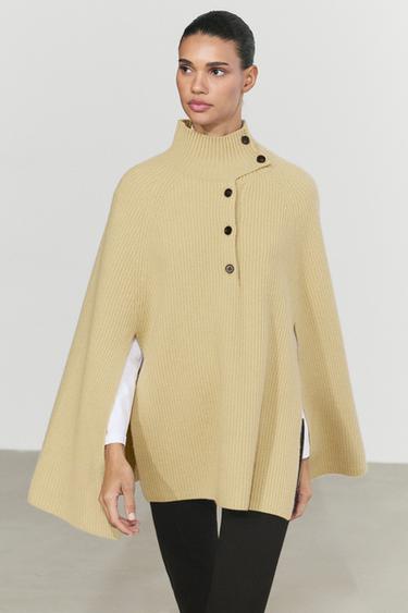 100% wool knit cape with button detail — OLIVE 3