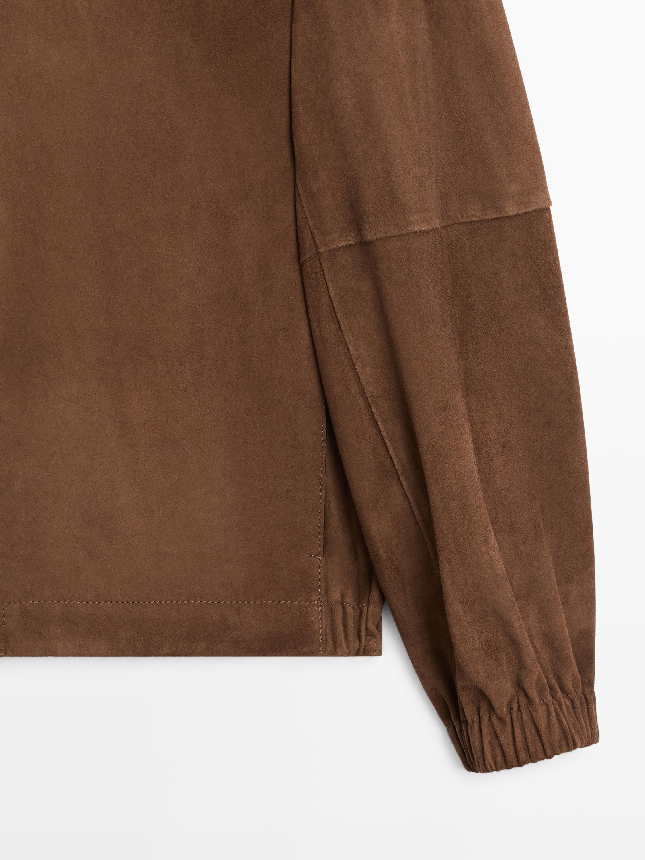 Suede leather high neck jacket — Tobacco brown