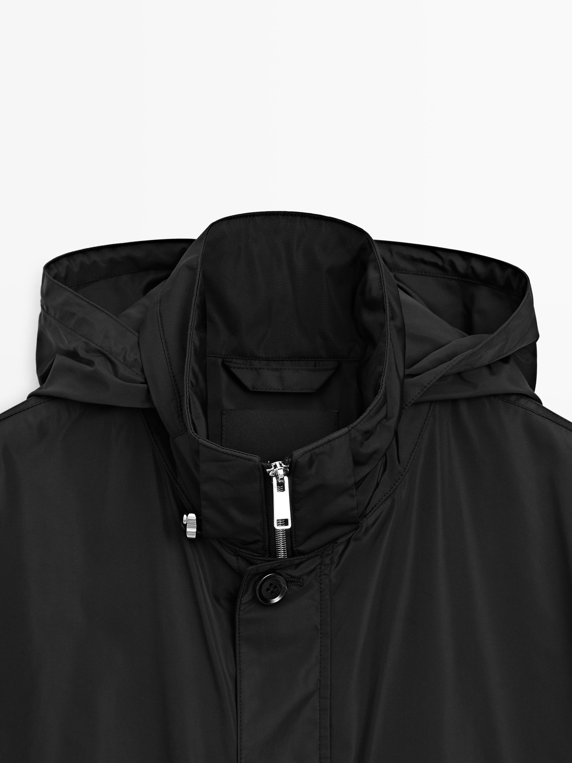Hooded parka with fabric detail — BLACK