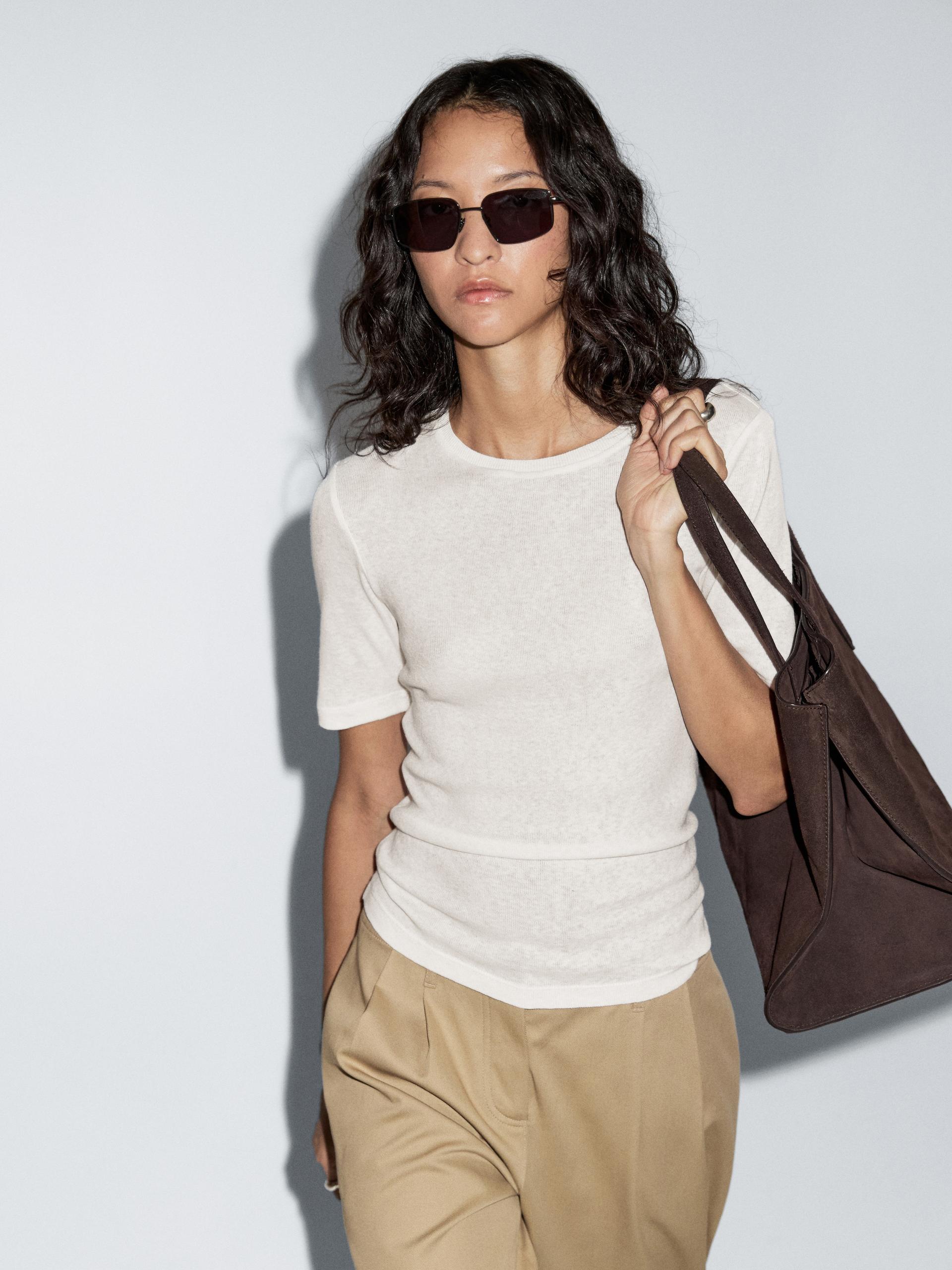 Maglietta A Maniche Corte In Misto Cotone - Ecru - L - Massimo Dutti - Femminile
