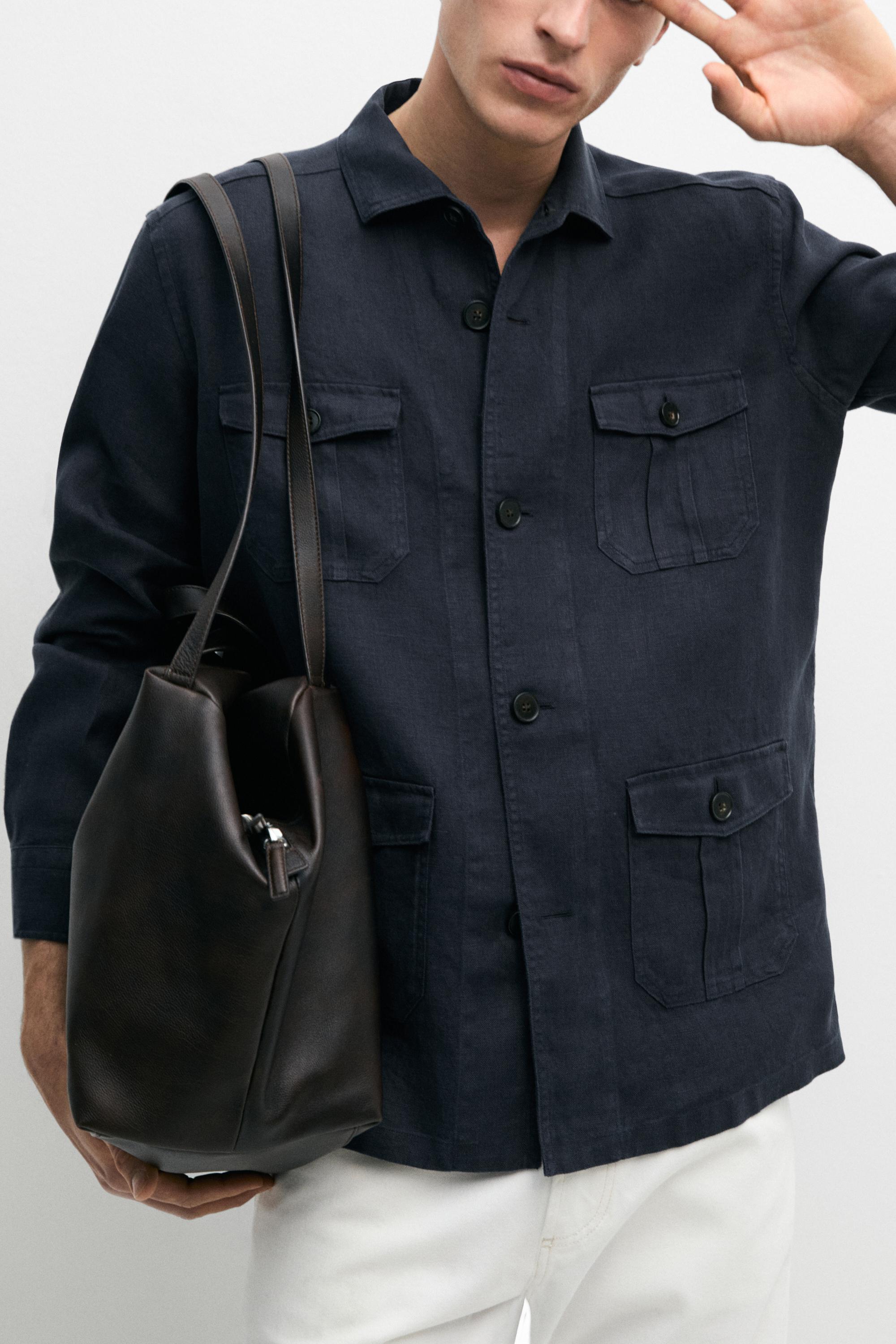 Heavy linen overshirt with pocket details — NAVY BLUE
