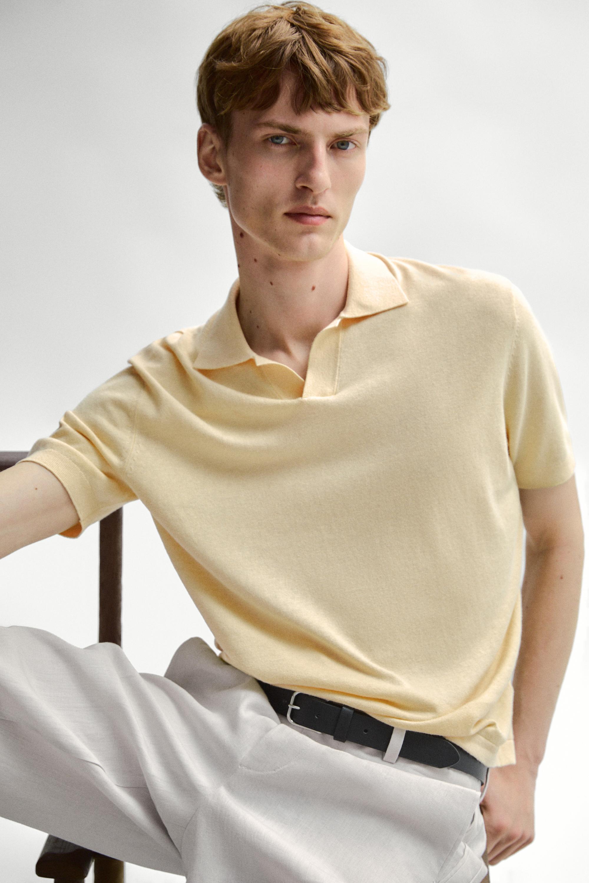 Cotton and linen knit polo sweater — Yellow