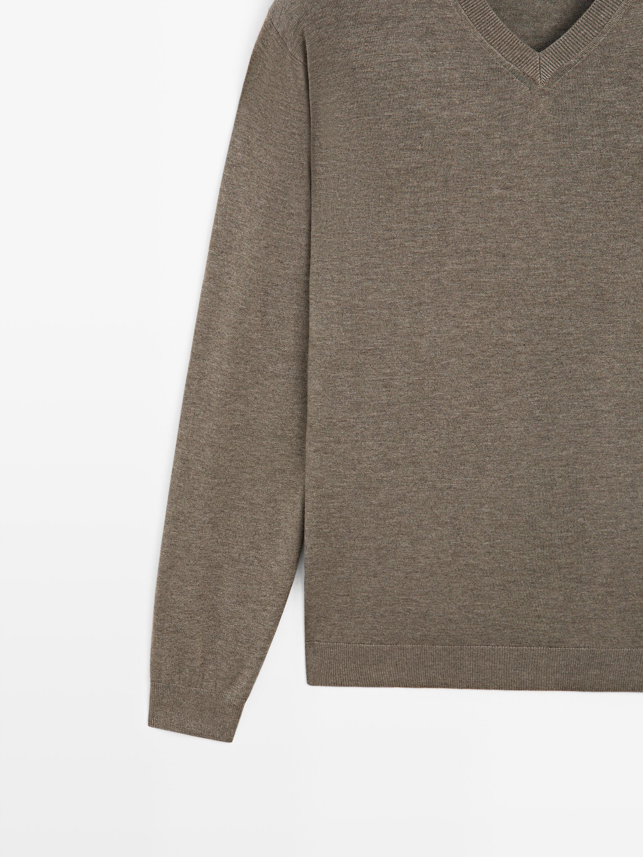 Cotton blend V-neck knit sweater — KHAKI (alternate view)