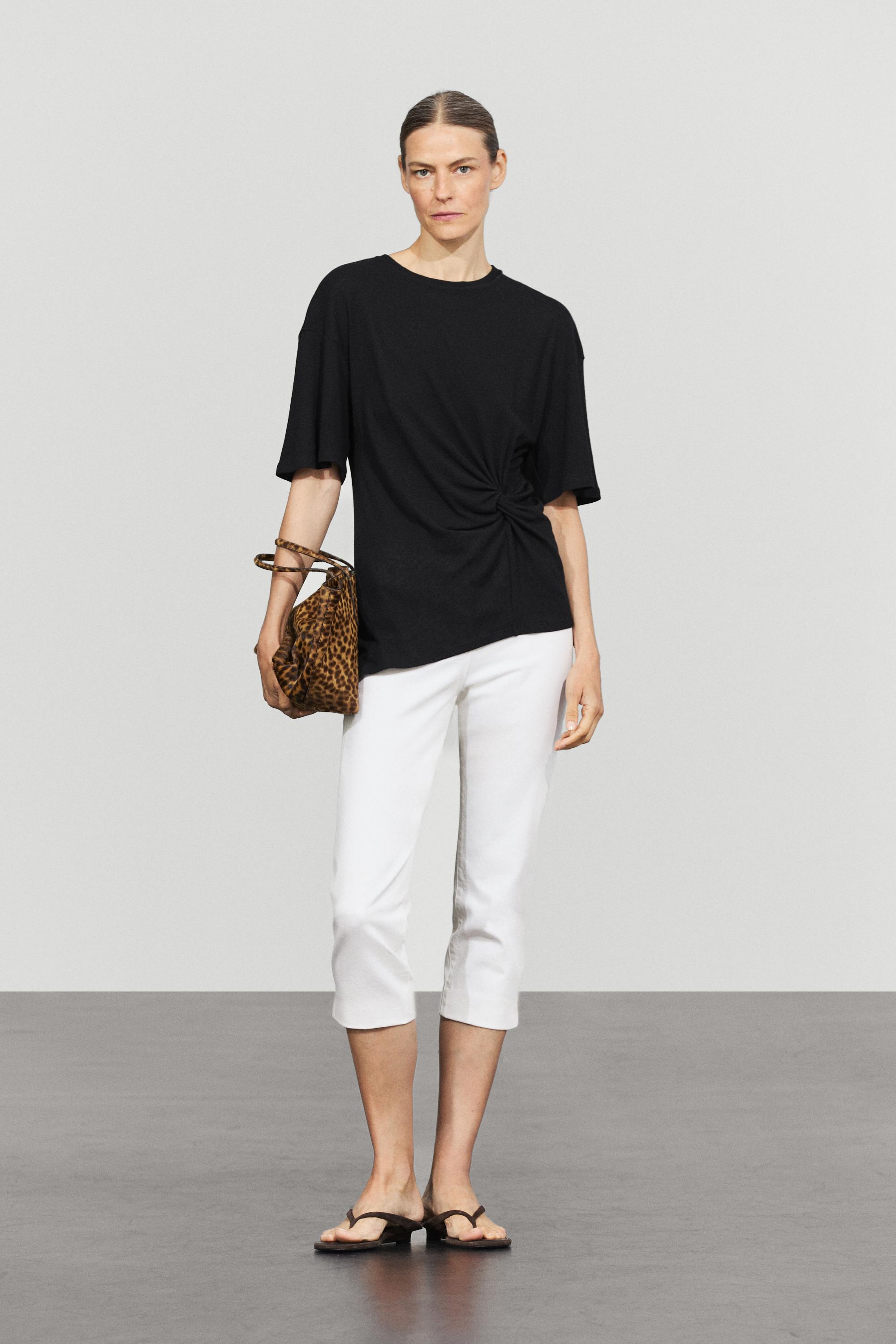 Asymmetric knot-detail T-shirt — BLACK