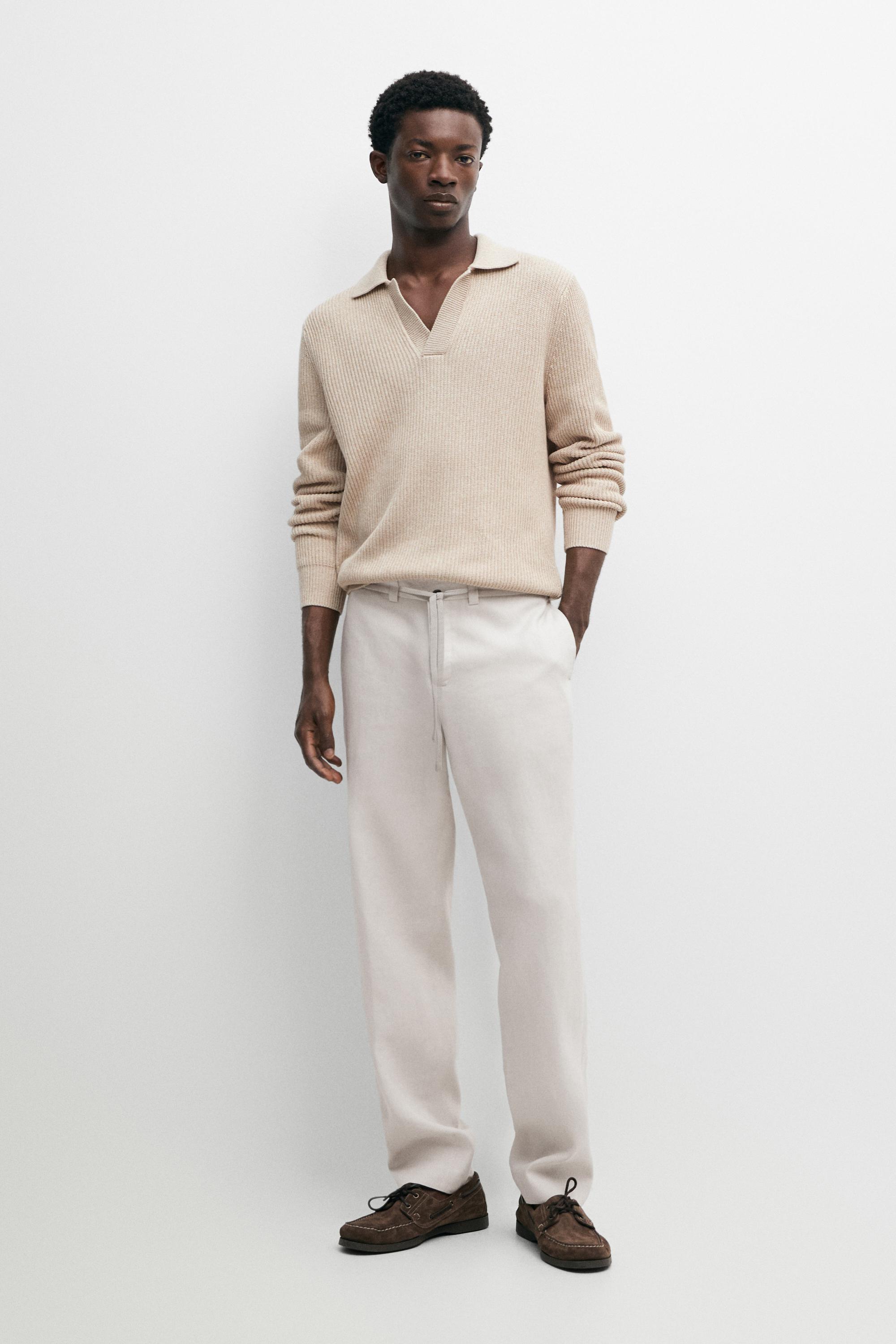 100% linen trousers with elasticated waist — Light Beige